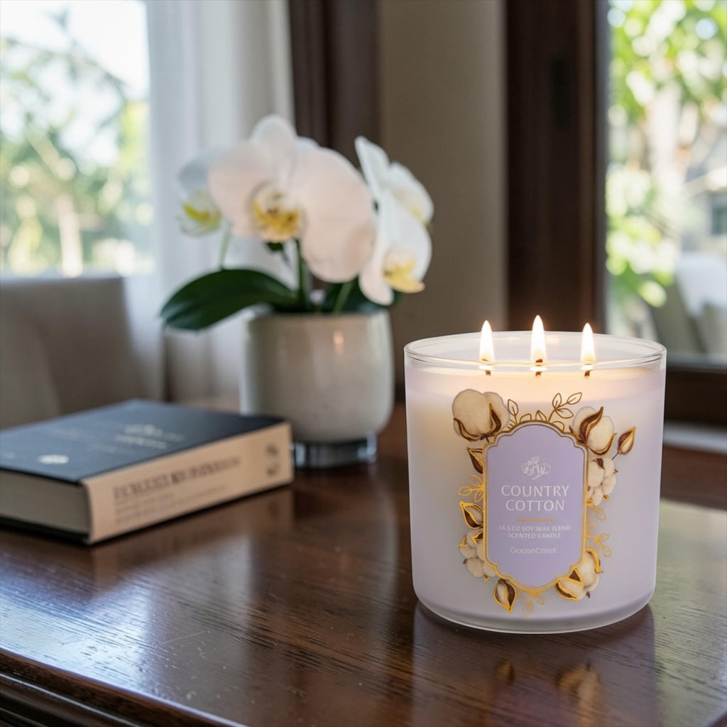 Country Cotton Scented Candle, Soy Wax Blend, 14.5 oz, with Artisanal Shortcake Soap Gift