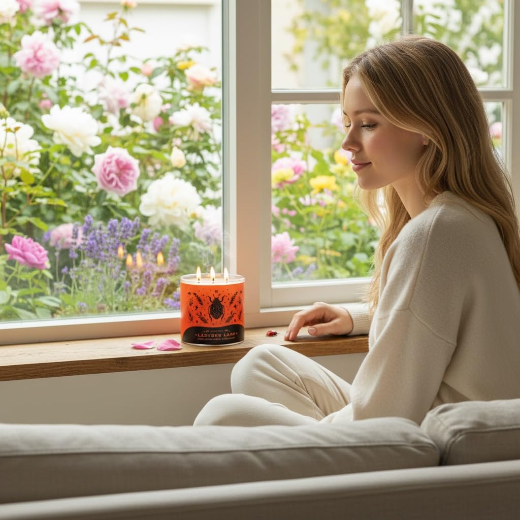 Ladybug Lane Scented Candle, 14.5oz Soy Wax Blend 3 Wick, Orchard Peach Raspberry Wildflower Fragrance & Artisanal Shortcake Soap Gift