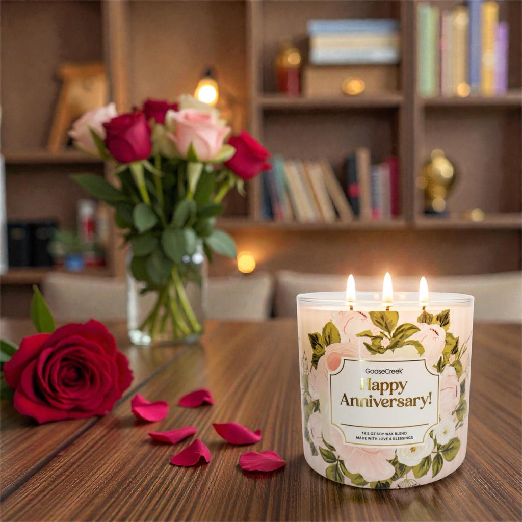 Goose Creek Happy Anniversary Candle, Soy Wax Blend, 14.5 oz, Three Wick, Floral Design
