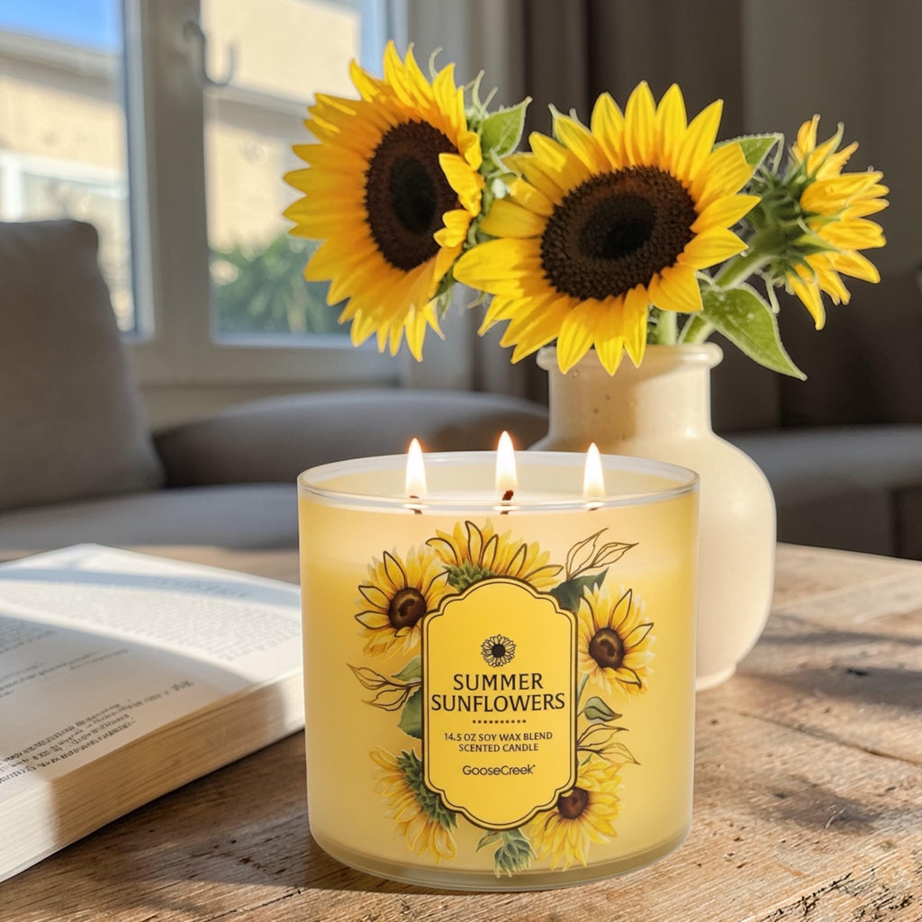 Summer Sunflowers Scented Candle, Soy Wax Blend, 14.5 oz with Artisanal Shortcake Soap Gift