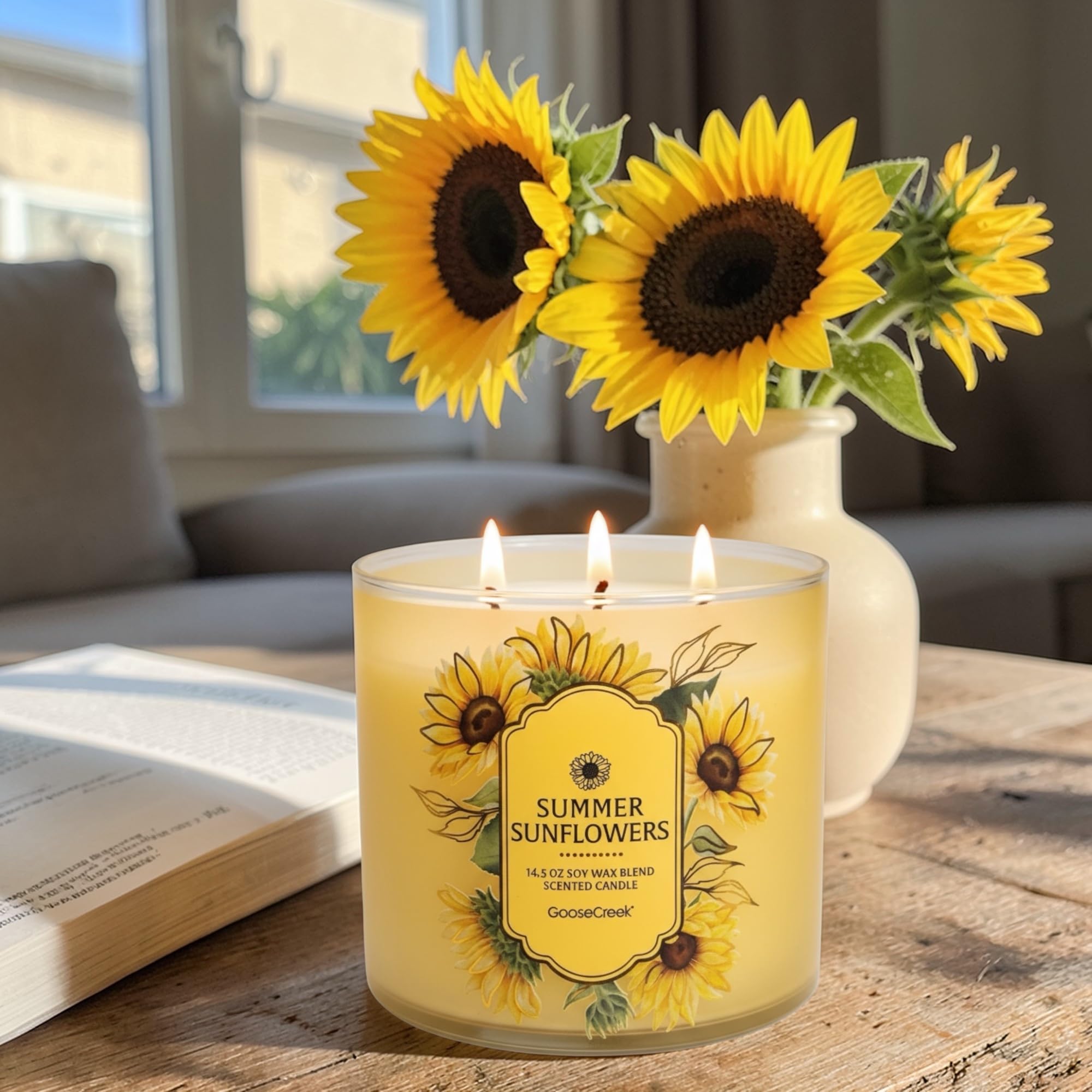 Summer Sunflowers Scented Candle, Soy Wax Blend, 14.5 oz with Artisanal Shortcake Soap Gift