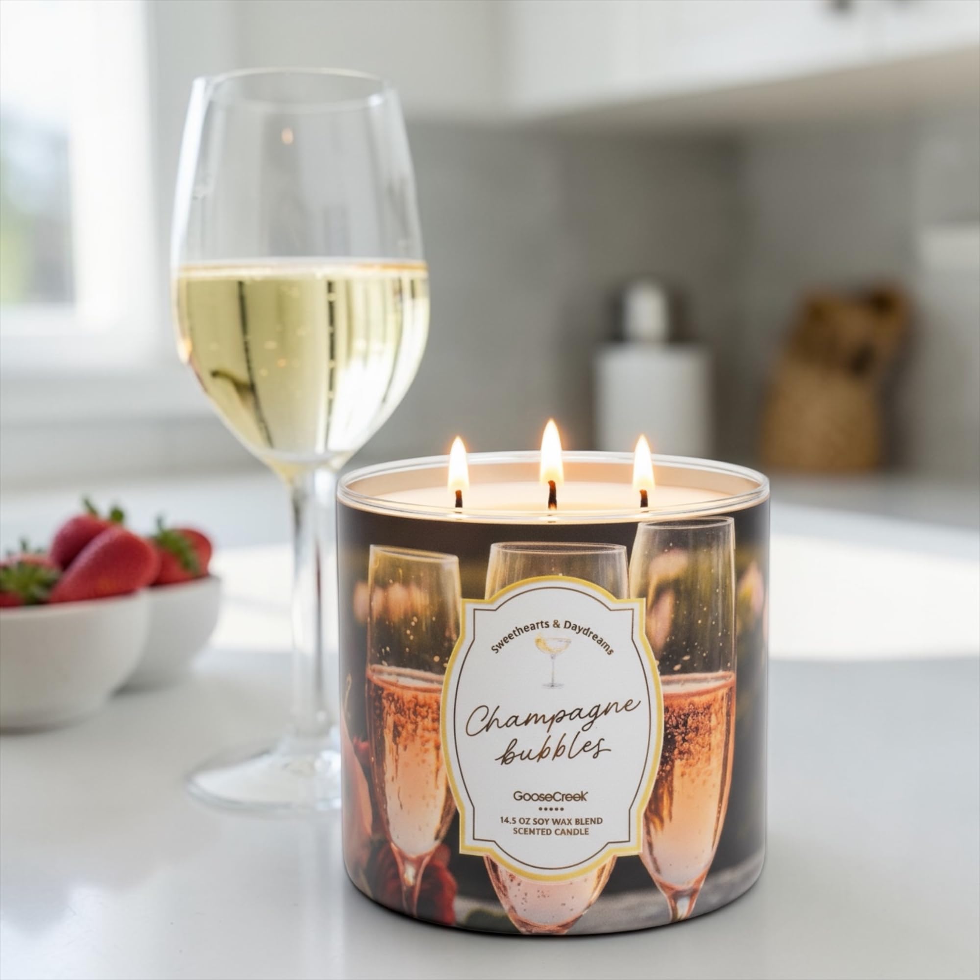 Champagne Bubbles Scented Candle, 14.5 oz Soy Wax Blend, 3-Wick, Sparkling Champagne, Pink Grapefruit, Juicy Orange