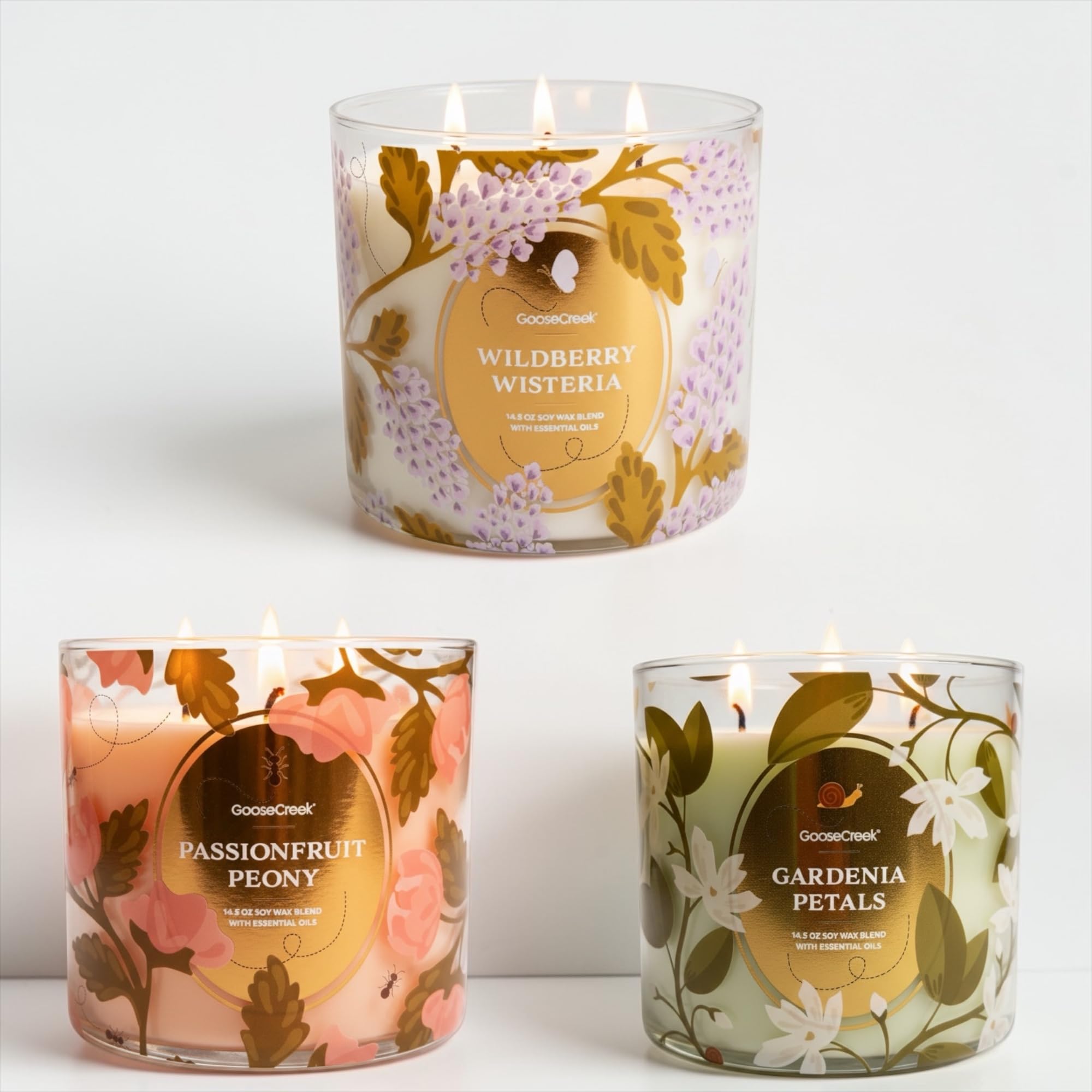 Floral Summer 3-Wick Scented Candles, Soy Wax Blend with Essential Oils, 14.5 oz, Set of 3 Floral Fragrances