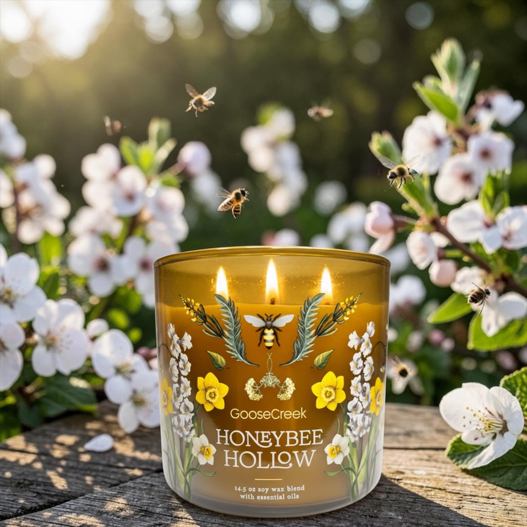 Honeybee Hollow 3-Wick Candle, 14.5 oz Soy Wax Blend, Wild Honey, Vanilla Bean, Amber Woods