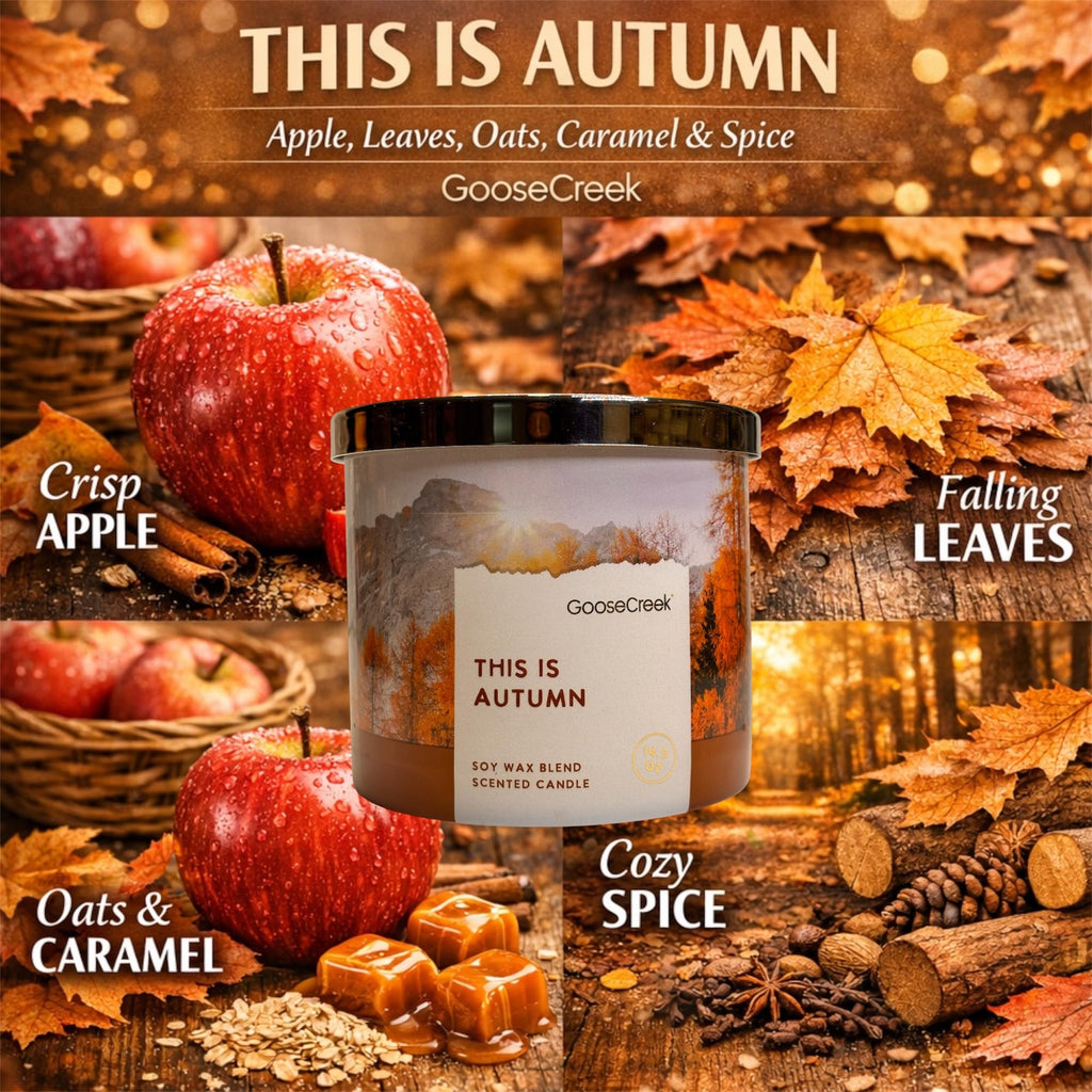 This is Autumn Scented Candle, Soy Wax Blend, 3-Wick, Apples, Leaves, Oats, Caramel & Spice