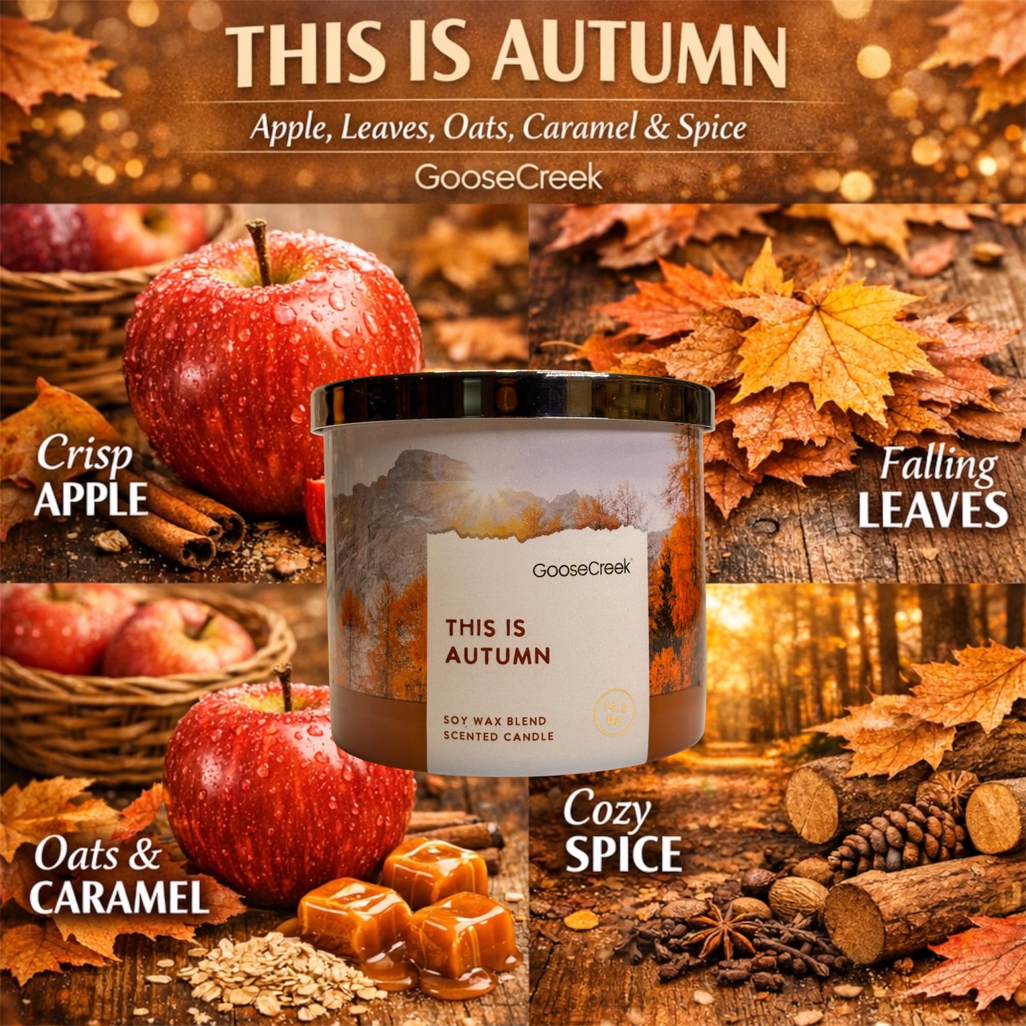 This is Autumn Scented Candle, Soy Wax Blend, 3-Wick, Apples, Leaves, Oats, Caramel & Spice