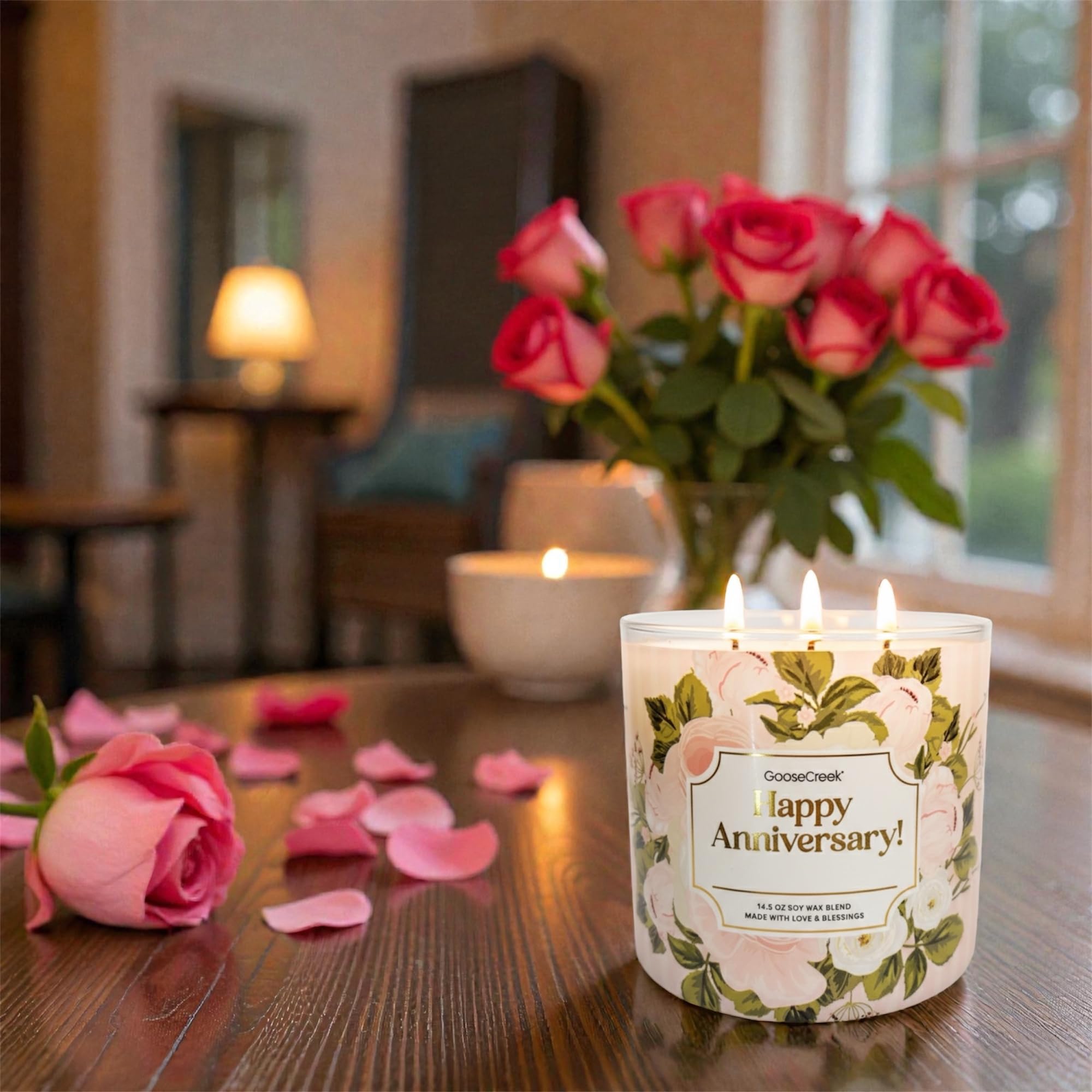 Goose Creek Happy Anniversary Candle, Soy Wax Blend, 14.5 oz, Three Wick, Floral Design