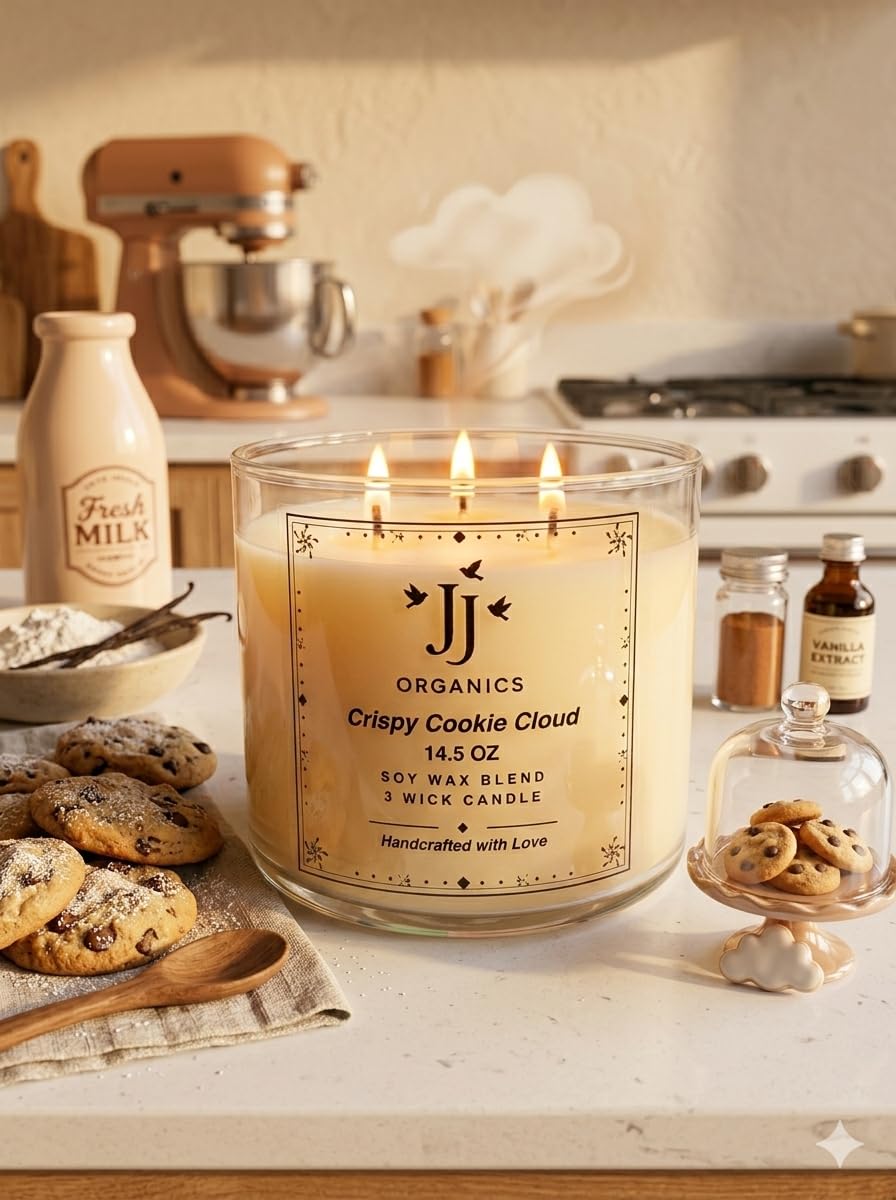 JJ Organics Crispy Cookie Cloud Soy Wax Blend Candle, 3 Wick, 14.5 oz, Handcrafted