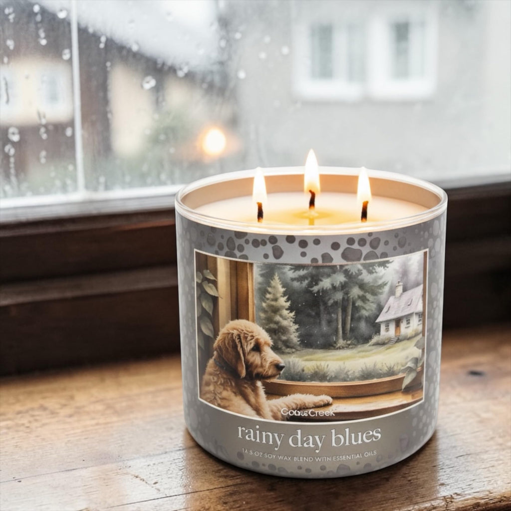 Rainy Day Blues Scented Candle, 14.5 oz Soy Wax Blend with Essential Oils, Fresh Rain, Wet Moss, Blue Eucalyptus & Dewy Apples