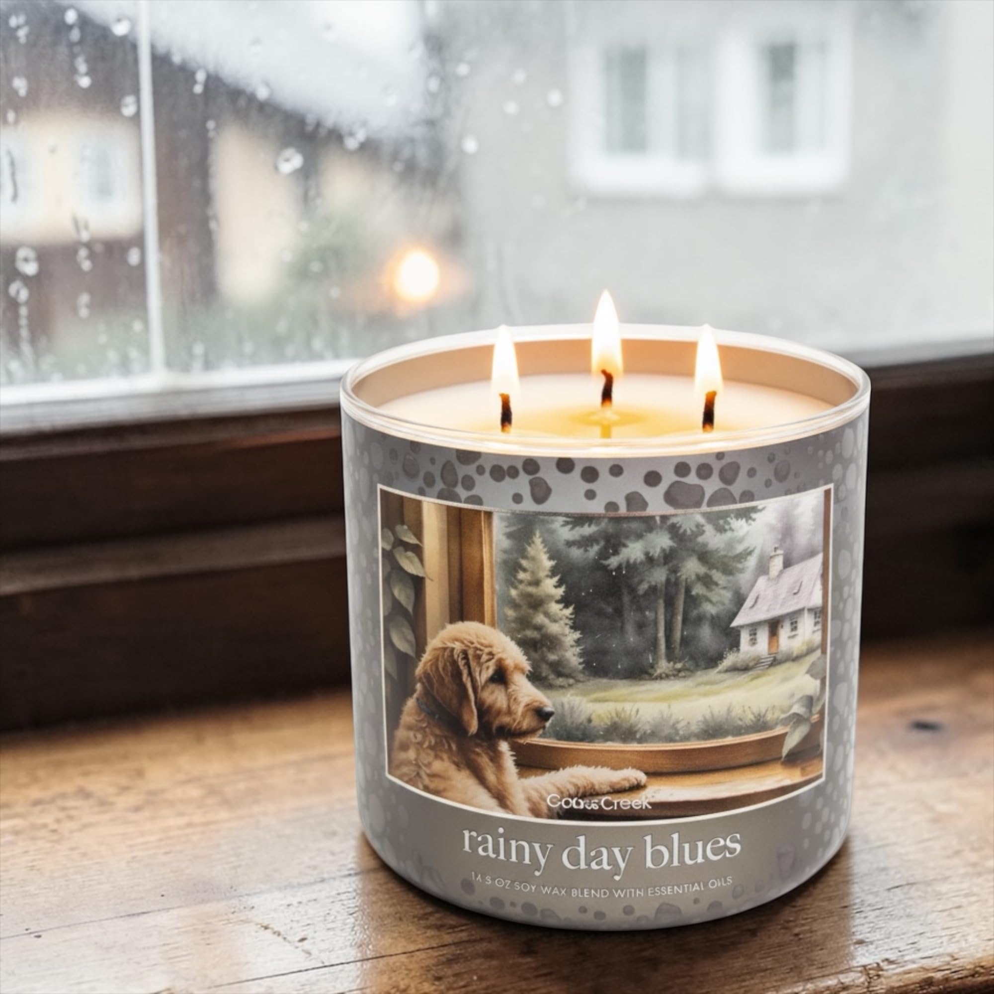 Rainy Day Blues Scented Candle, 14.5 oz Soy Wax Blend with Essential Oils, Fresh Rain, Wet Moss, Blue Eucalyptus & Dewy Apples