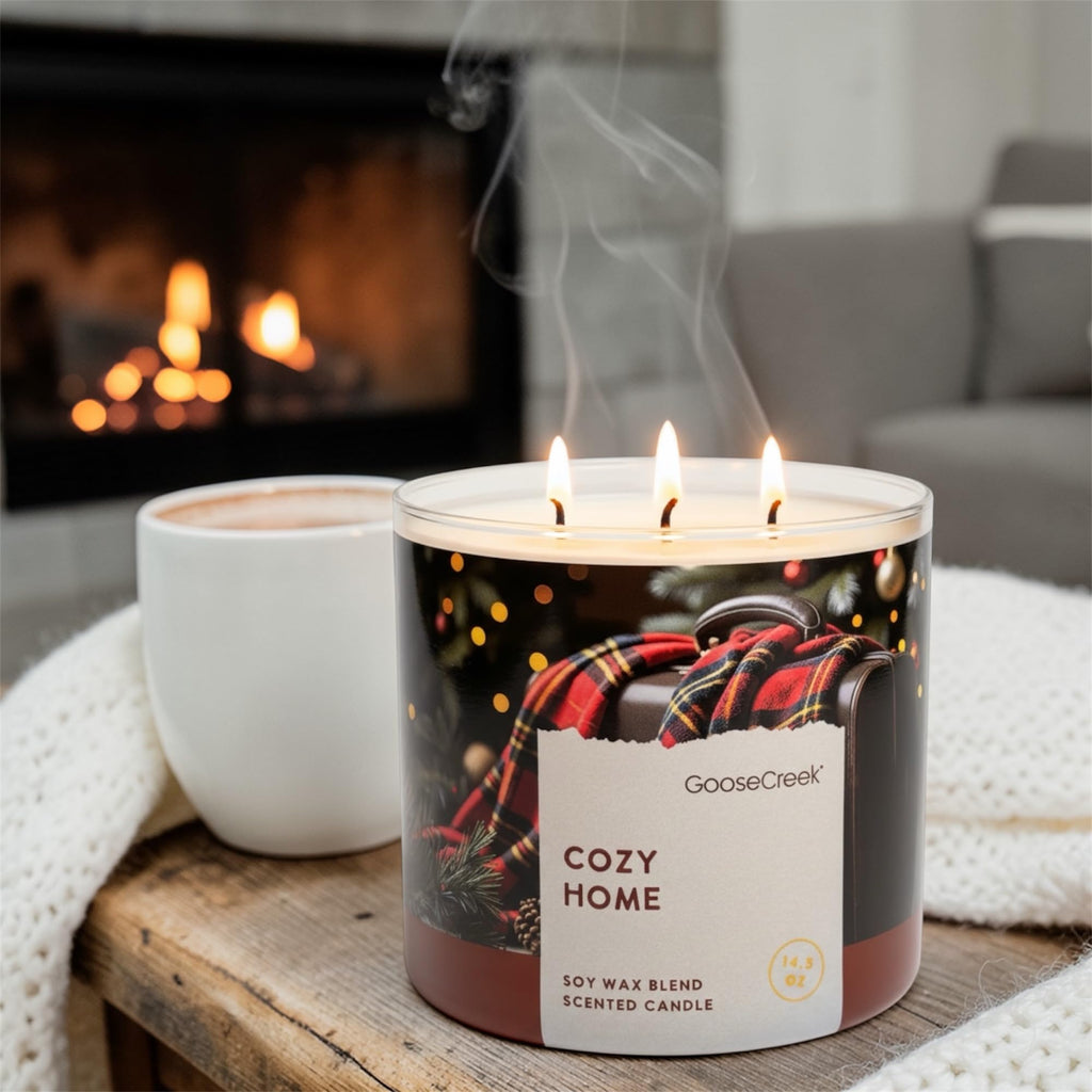 Cozy Home 3-Wick Scented Candle, Soy Wax Blend, Warm Woods, Toasted Coconut, Soft Cashmere, Creamy Amber, 14.5 oz