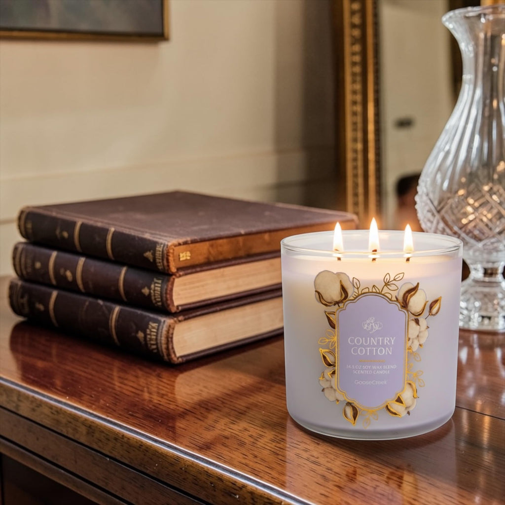 Country Cotton Scented Candle, Soy Wax Blend, 14.5 oz, with Artisanal Shortcake Soap Gift