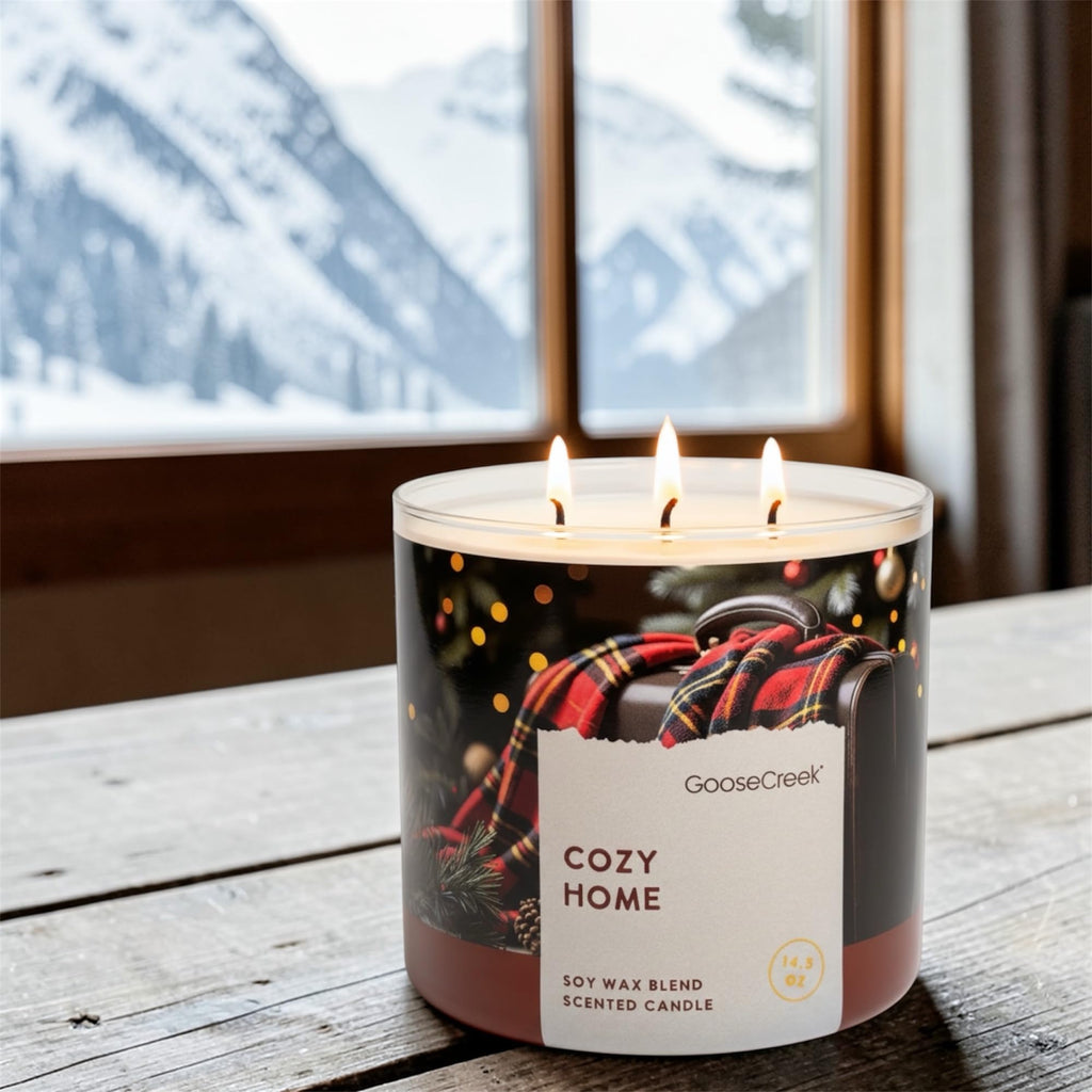 Cozy Home 3-Wick Scented Candle, Soy Wax Blend, Warm Woods, Toasted Coconut, Soft Cashmere, Creamy Amber, 14.5 oz
