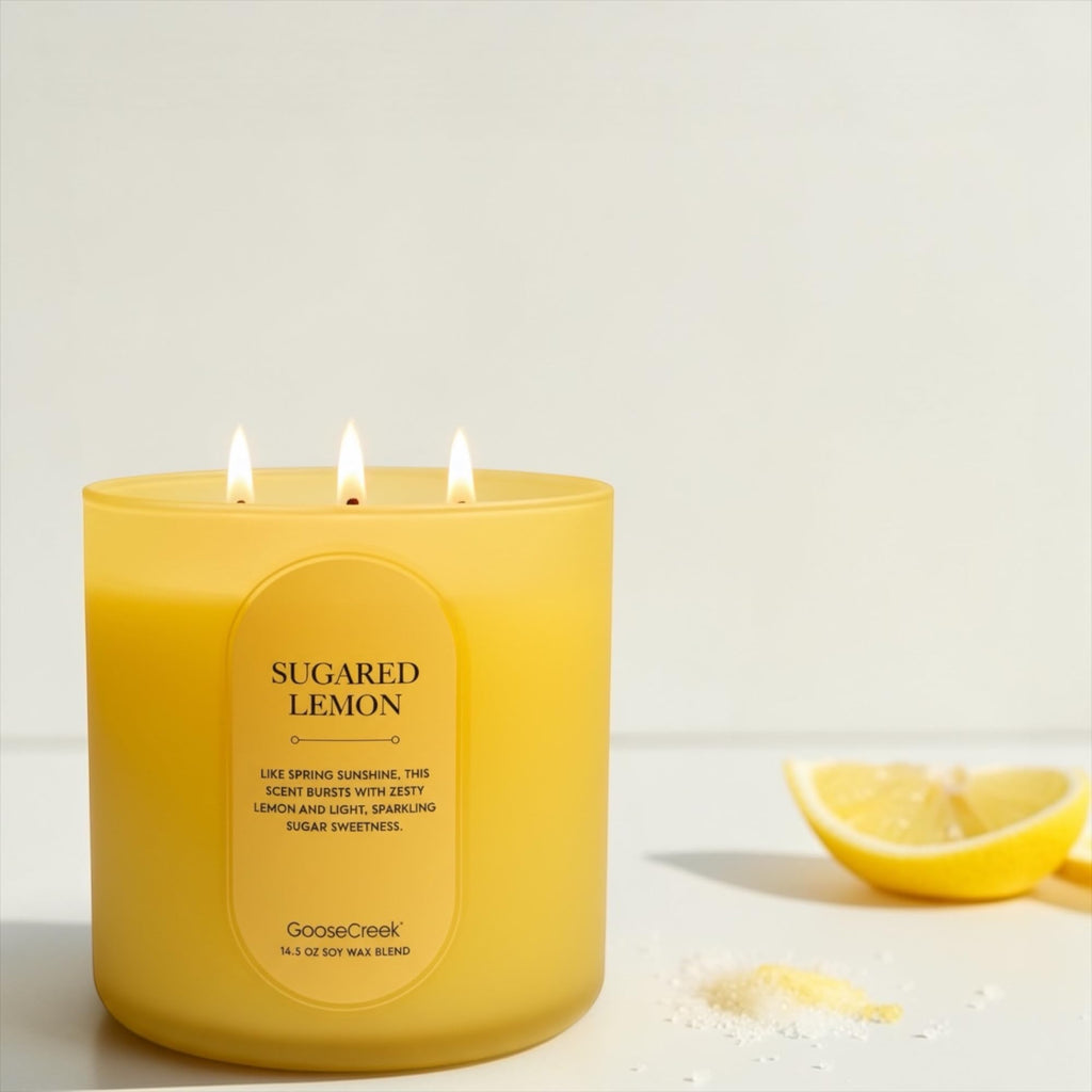 Sugared Lemon Scented Candle, Soy Wax Blend, 14.5 oz, 3 Wick, Round Glass Jar, Fruity Zesty Scent with Artisanal Soap Gift