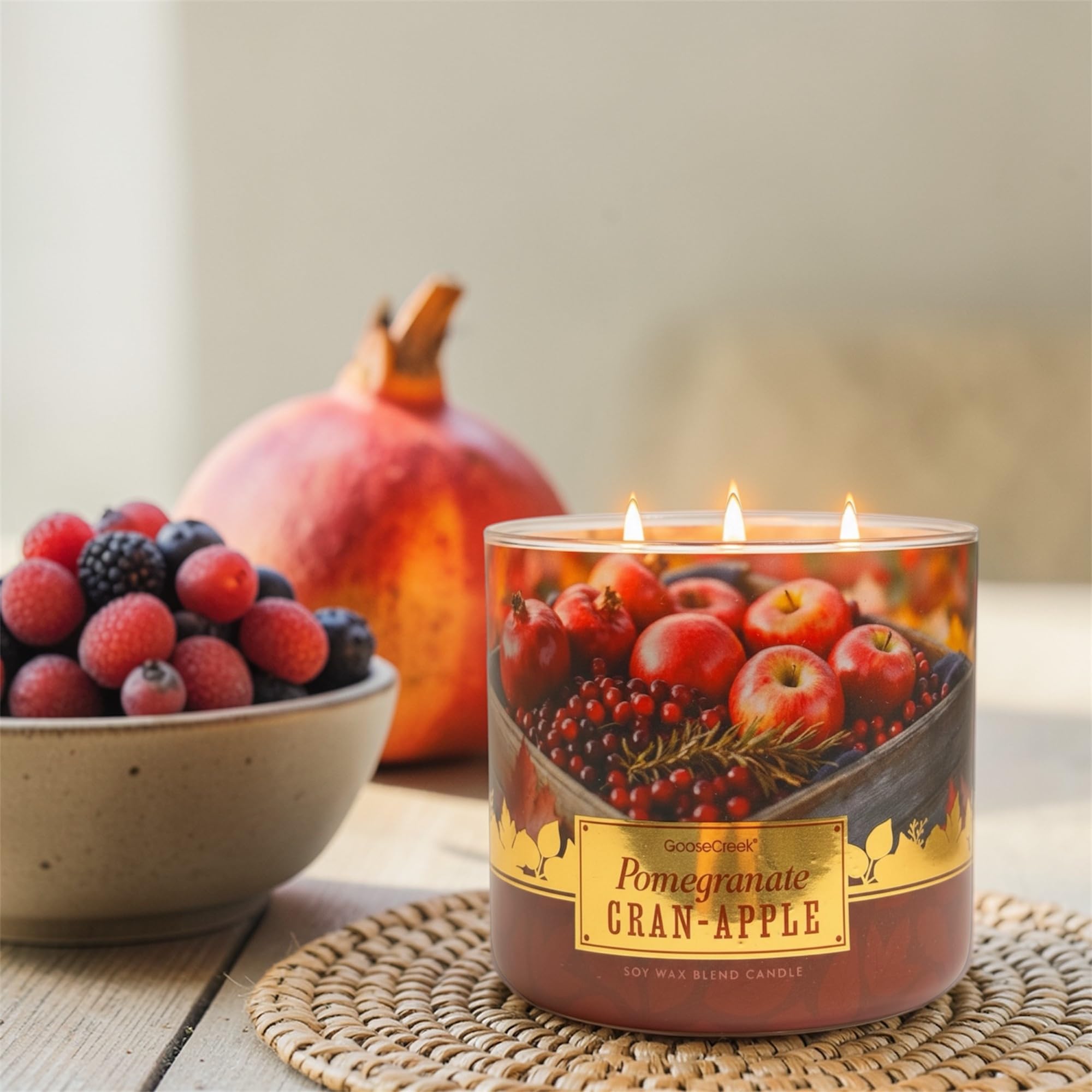 Pomegranate Cran-Apples Soy Wax Blend Candle, 3-Wick, Sweet Cinnamon Bun, Tart Cranberries, Red Apples, Creamy Spices