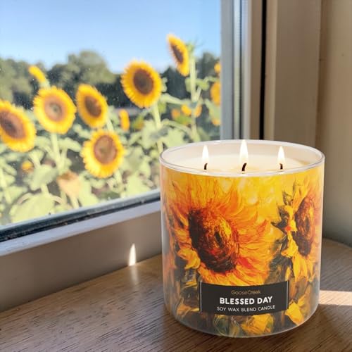 Blessed Day Soy Wax Blend Candle with Sunflower Design, Scented with Apples, Pumpkin, Cinnamon, Includes Artisanal Goat Soap Gift.