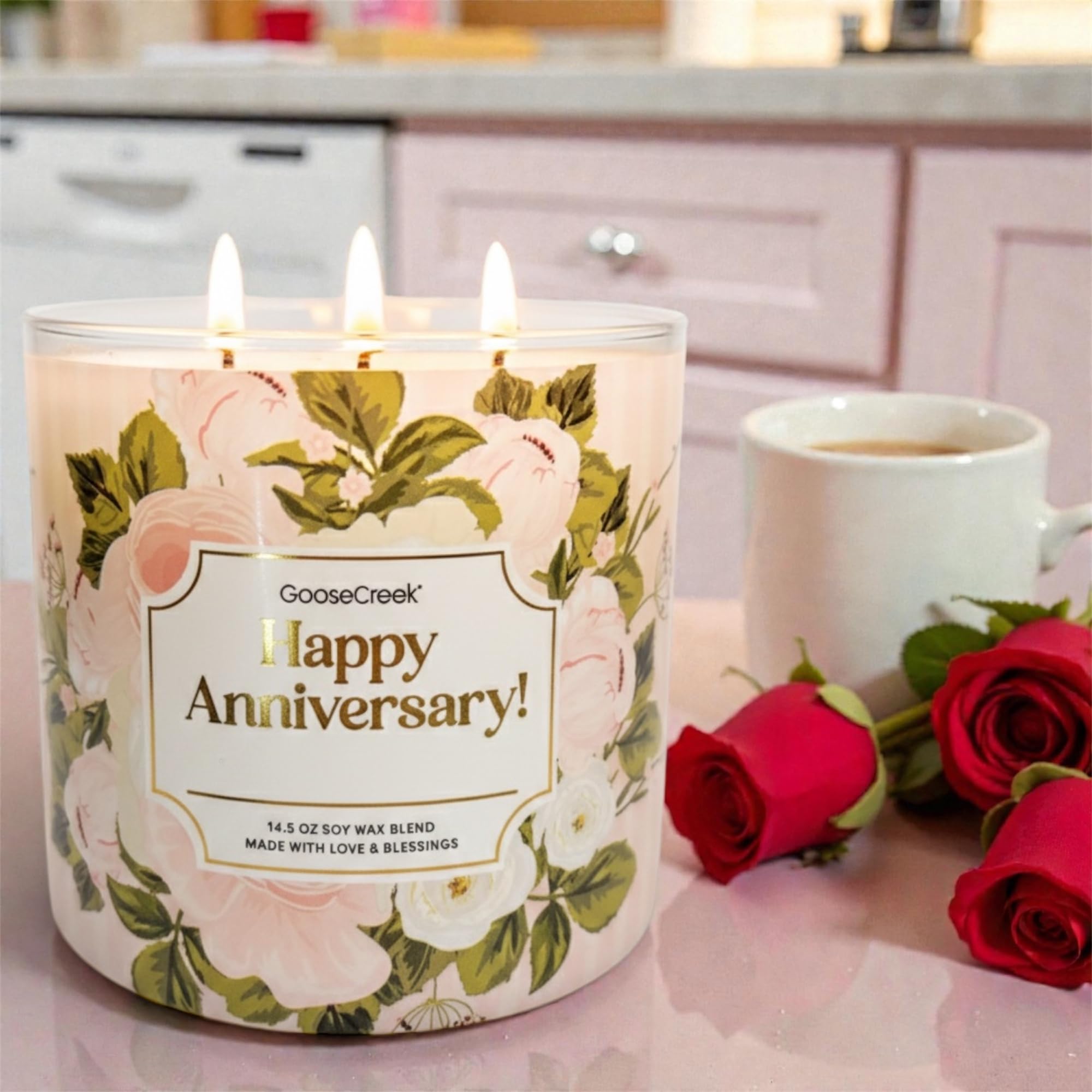 Goose Creek Happy Anniversary Candle, Soy Wax Blend, 14.5 oz, Three Wick, Floral Design