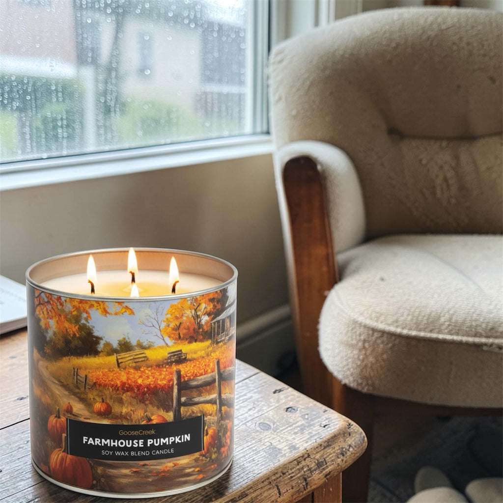 Farmhouse Pumpkin Soy Wax Blend Candle, 3-Wick, Spiced Cake and Buttercream Frosting Scent, Fall Theme