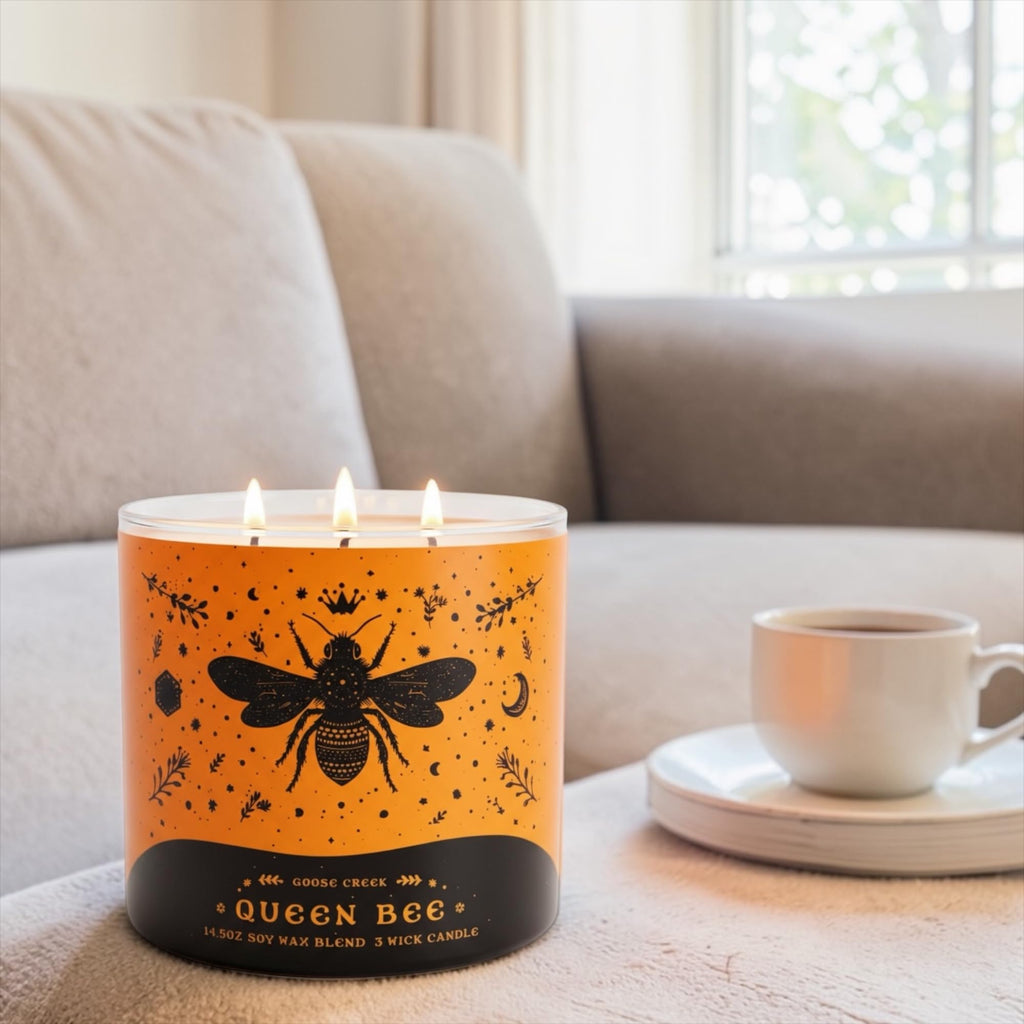 Queen Bee Scented Candle with Artisanal Shortcake Soap, Floral Manuka Honey Bergamot Butterfly Pea, 14.5 Oz Soy Wax Blend, 3 Wick, Round Glass Jar