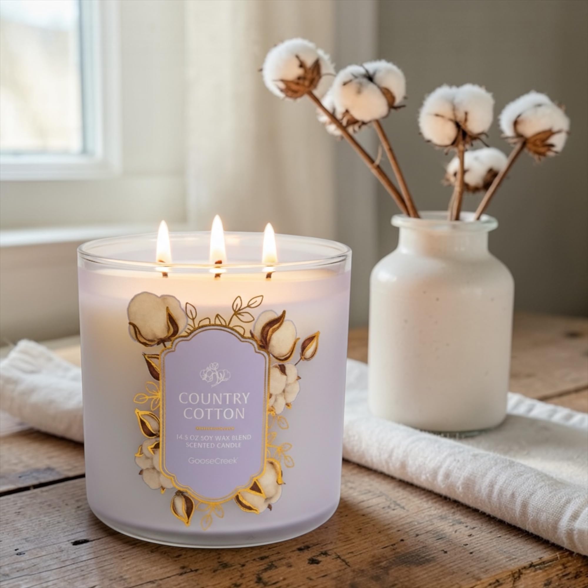 Country Cotton Scented Candle, Soy Wax Blend, 14.5 oz, with Artisanal Shortcake Soap Gift