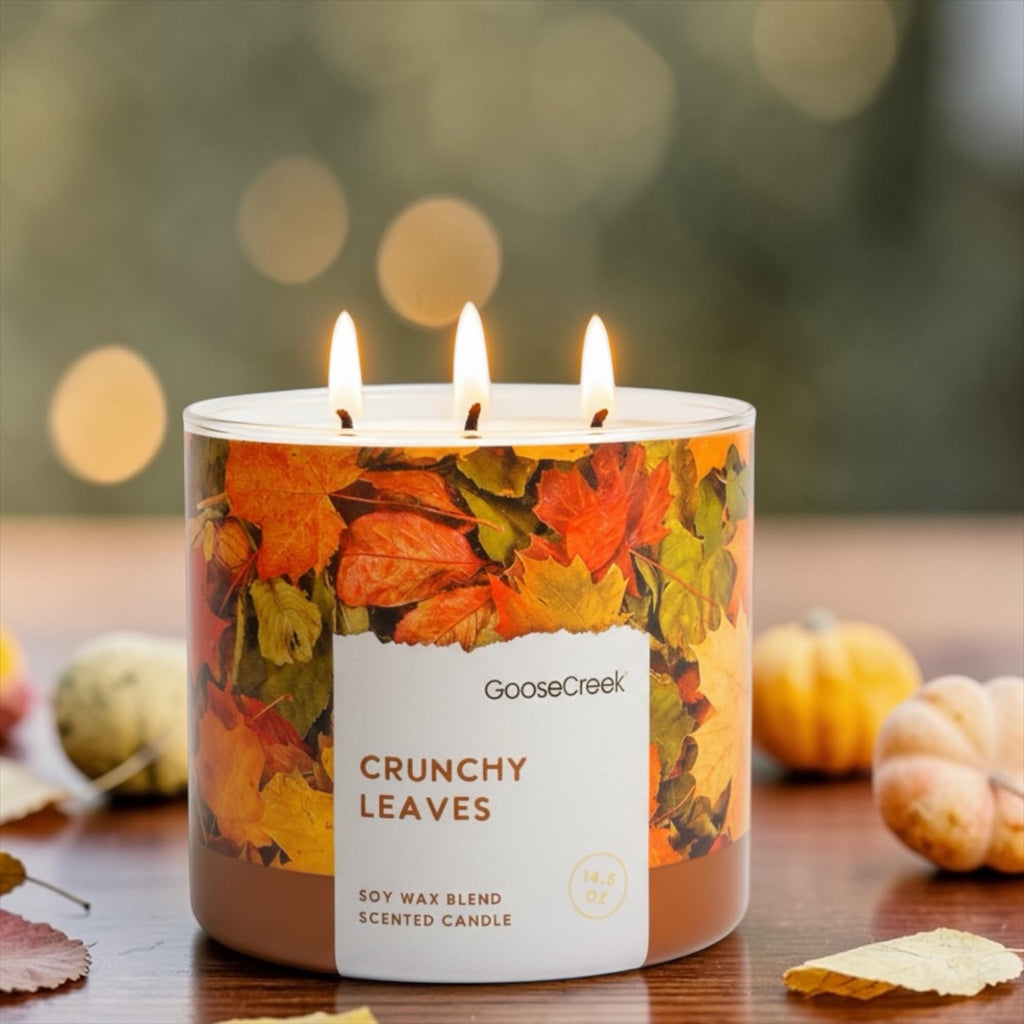 Crunchy Leaves Scented Candle, Soy Wax Blend, 3-Wick, Autumn Leaves, Bright Citrus & Sweet Cinnamon, 14.5 oz