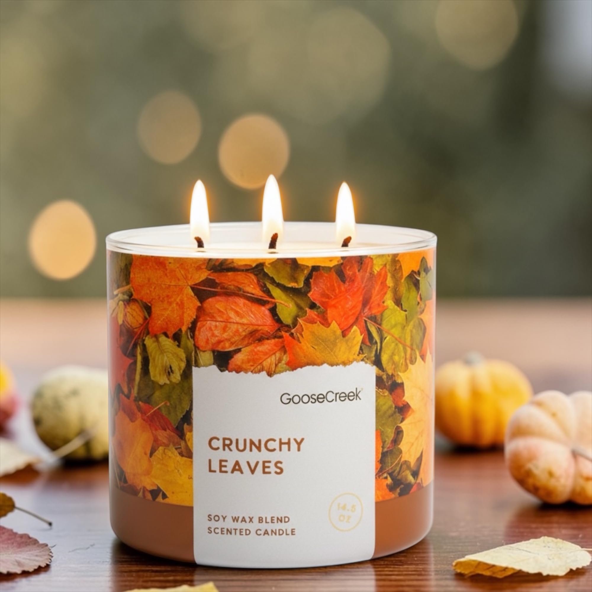 Crunchy Leaves Scented Candle, Soy Wax Blend, 3-Wick, Autumn Leaves, Bright Citrus & Sweet Cinnamon, 14.5 oz