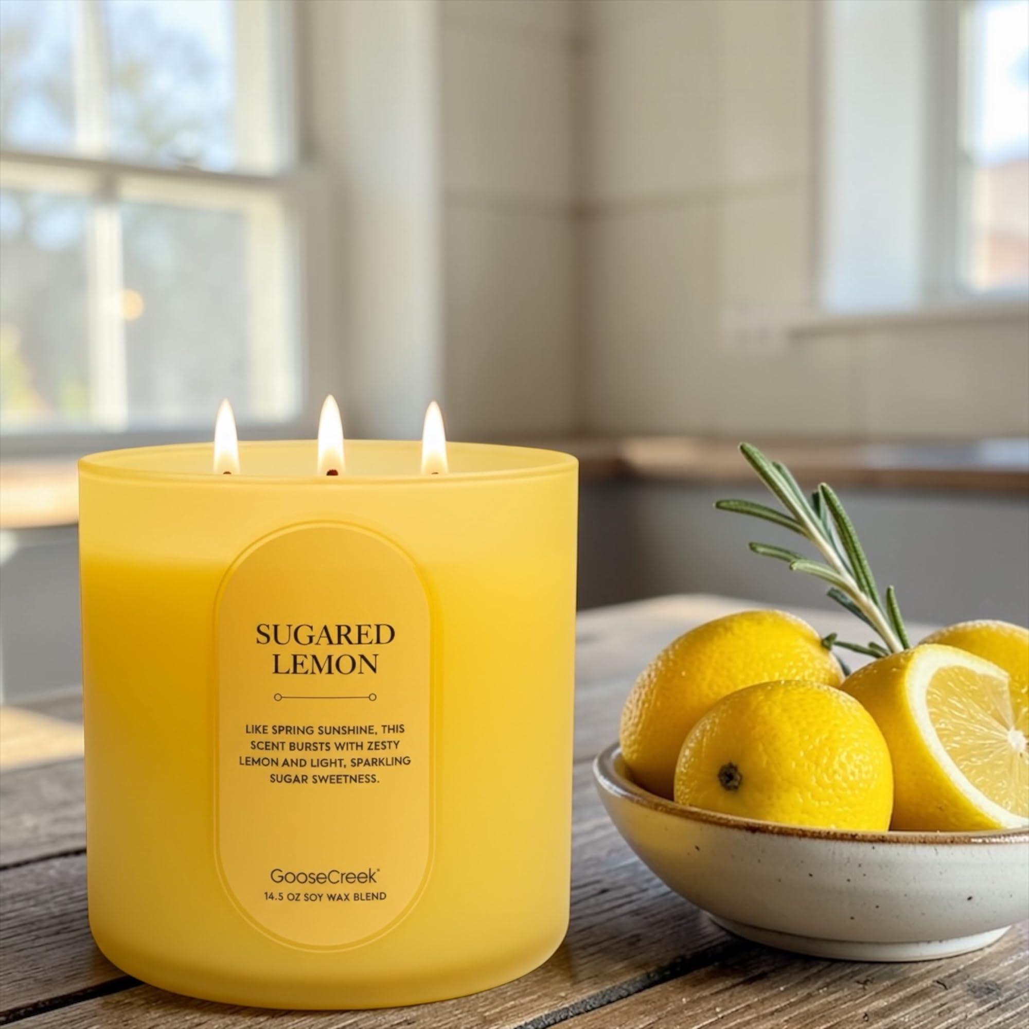 Sugared Lemon Scented Candle, Soy Wax Blend, 14.5 oz, 3 Wick, Round Glass Jar, Fruity Zesty Scent with Artisanal Soap Gift