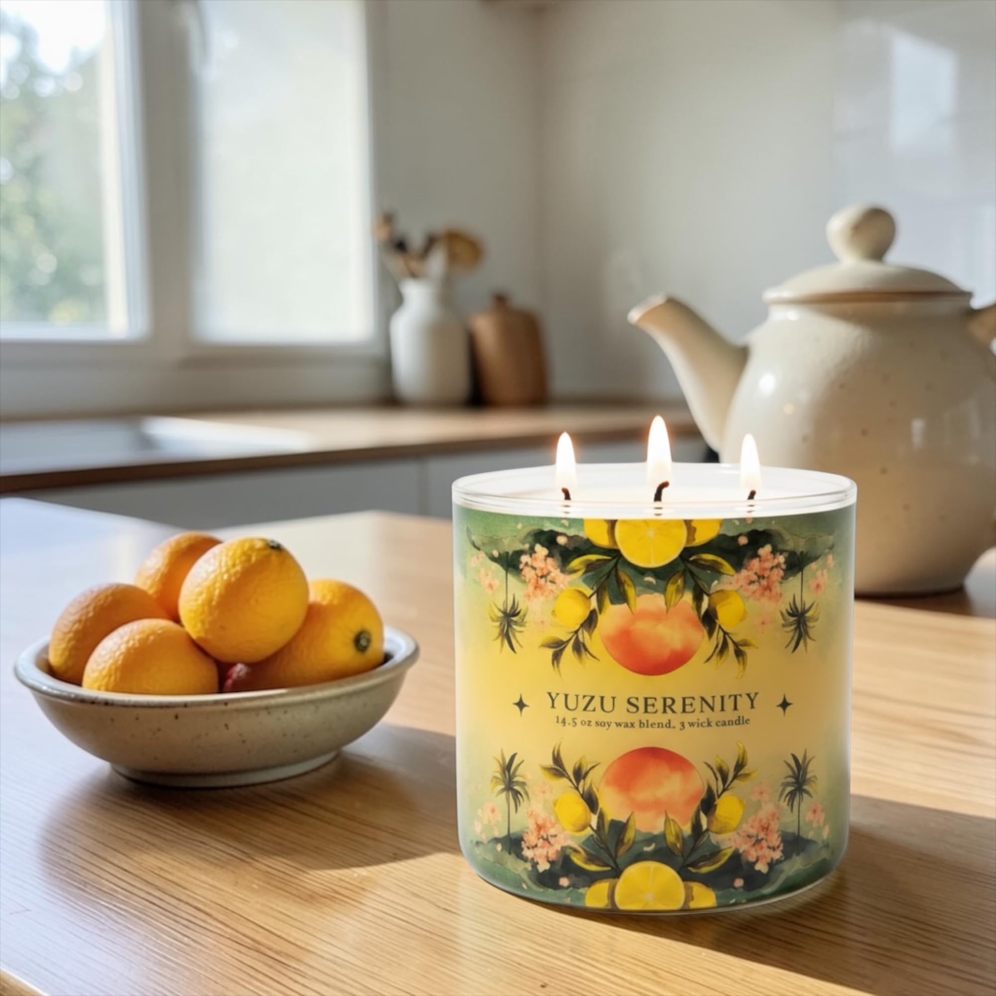 Yuzu Serenity Soy Wax Blend Candle, 14.5 oz, 5 Wick, Fruity Scent with Lemon Balm, Yuzu and Green Tea, Includes Shortcake Soap Gift