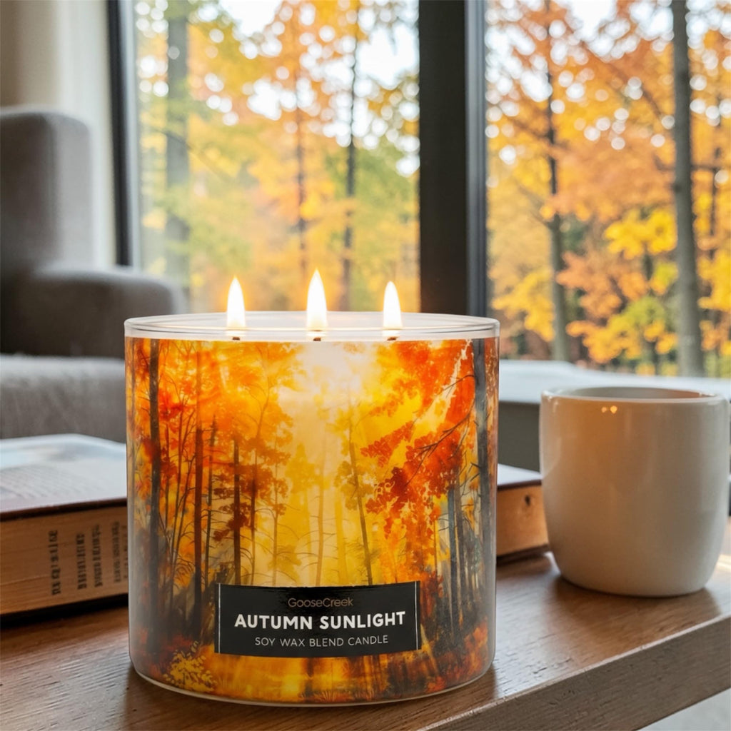 Autumn Sunlight Soy Wax Blend Candle, 3-Wick, Spiced Citrus, Cinnamon Stick, Warm Cardamom, Sunlit Foliage
