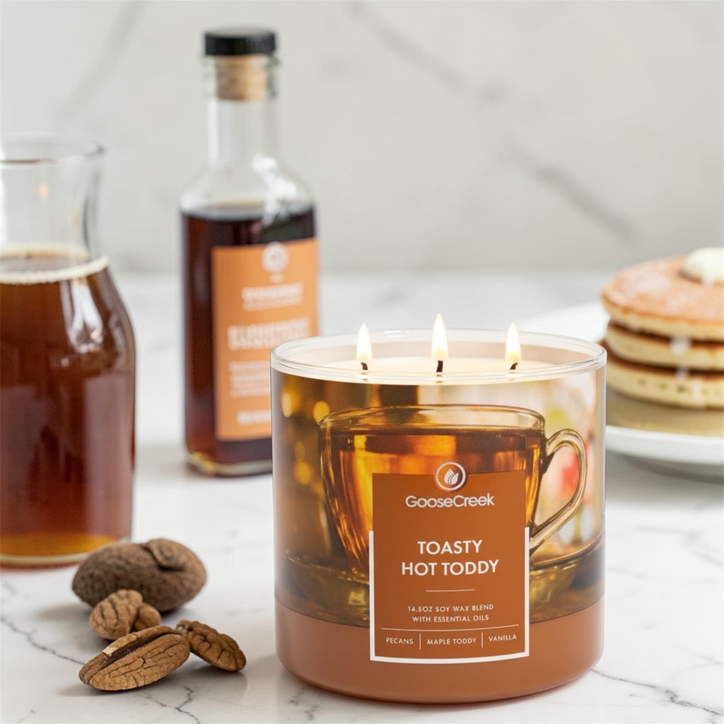 Toasty Hot Toddy Candle, 14.5 oz Soy Wax Blend with Essential Oils, Dark Rum, Molten Maple, Toasted Pecans, Spiced Vanilla