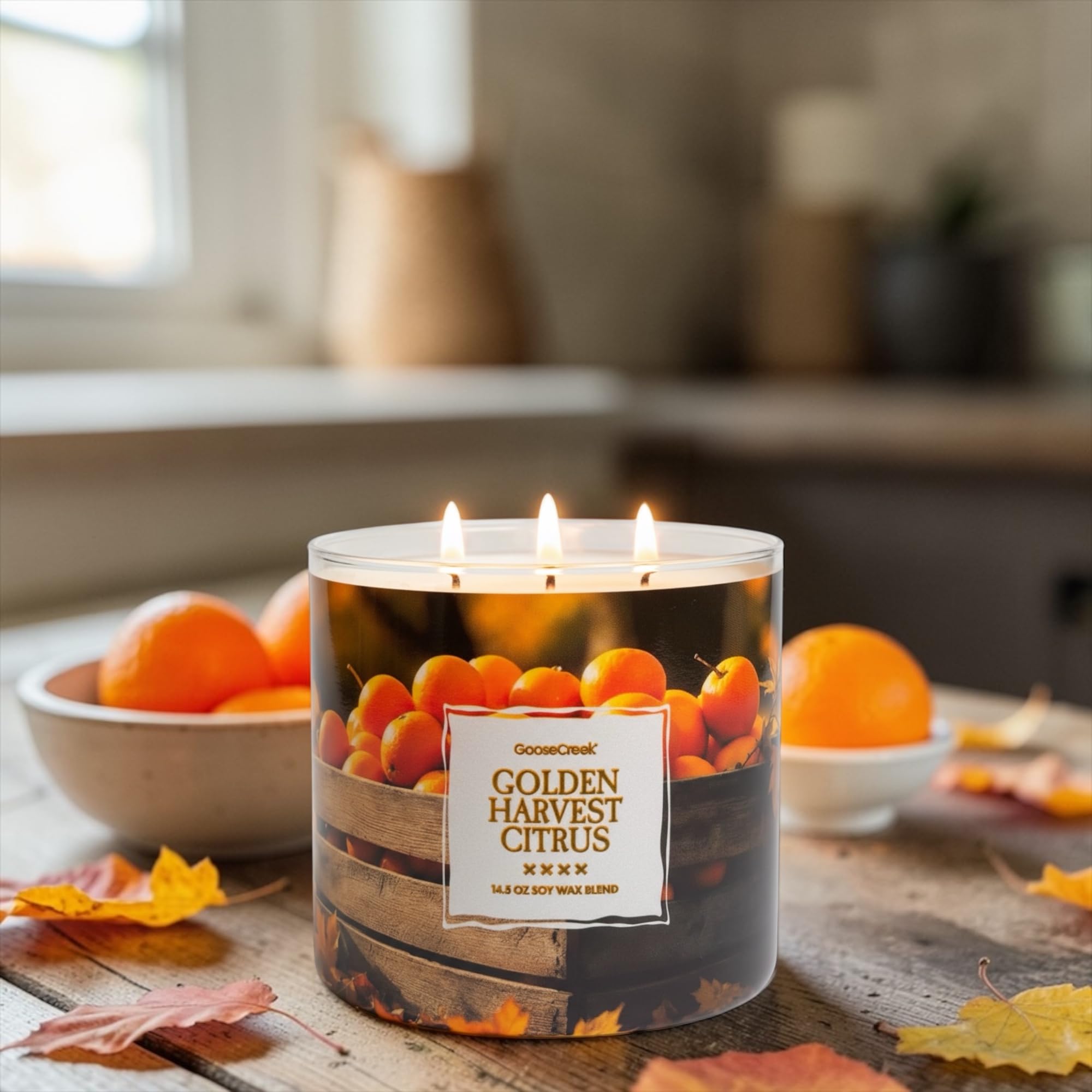 Golden Harvest Citrus 3-Wick Candle, 14.5 oz Soy Wax Blend, Sunwashed Citrus, Autumn Spice, Golden Leaves