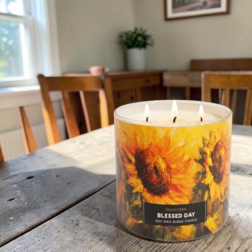 Blessed Day Soy Wax Blend Candle with Sunflower Design, Scented with Apples, Pumpkin, Cinnamon, Includes Artisanal Goat Soap Gift.