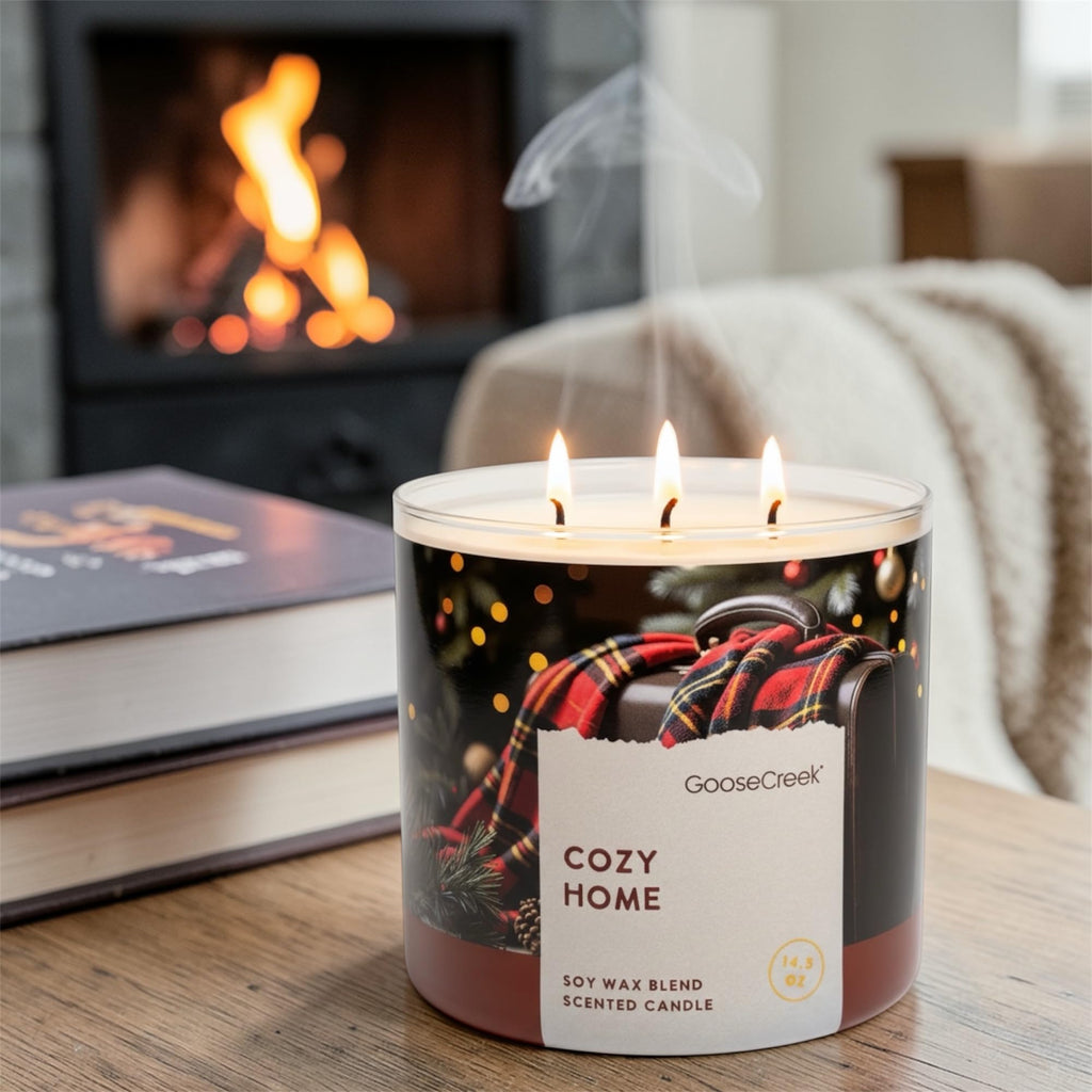 Cozy Home 3-Wick Scented Candle, Soy Wax Blend, Warm Woods, Toasted Coconut, Soft Cashmere, Creamy Amber, 14.5 oz