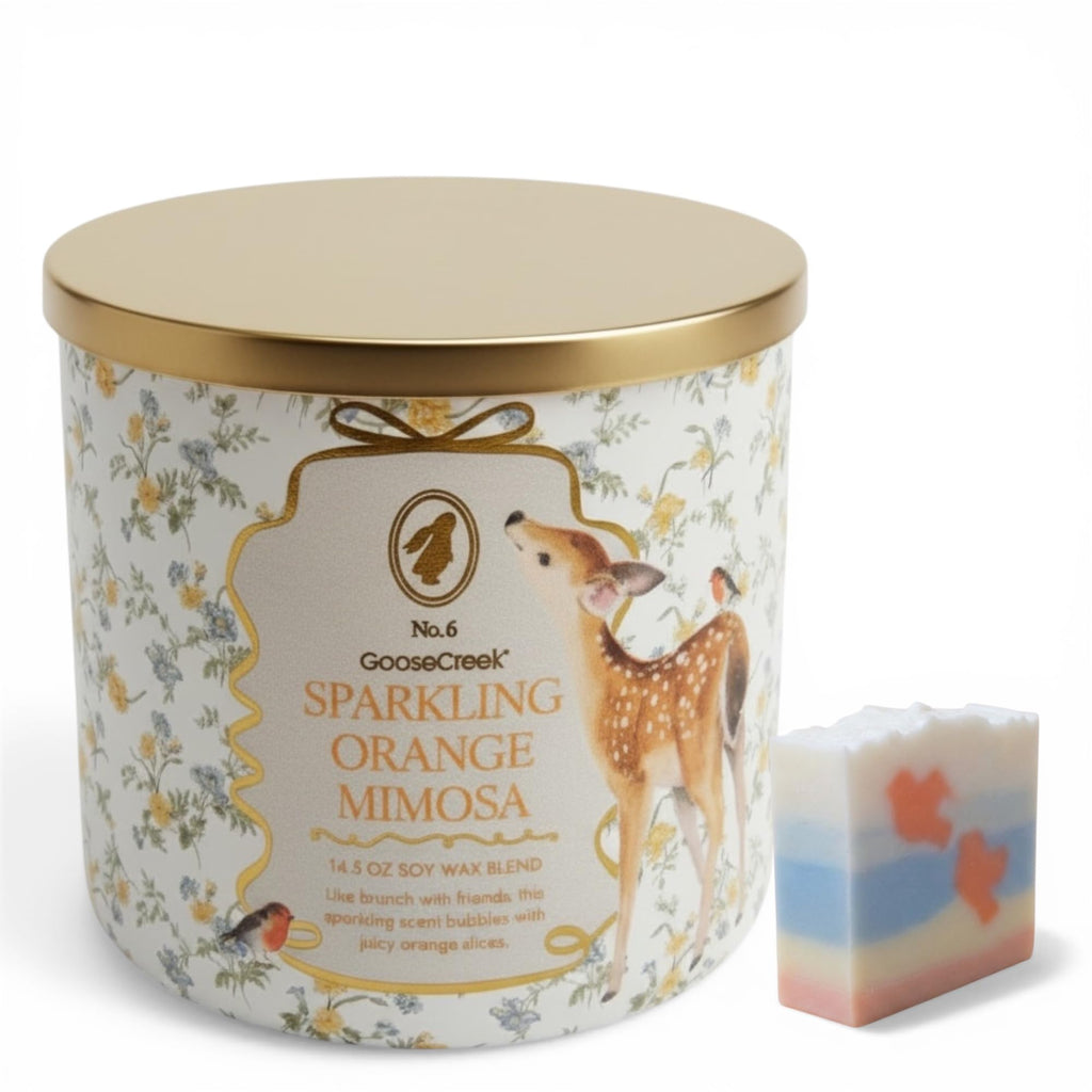 Sparkling Orange Mimosa Scented Candle, 14.5 oz Soy Wax Blend with Gold Lid, Includes Artisanal Goat Soap Gift