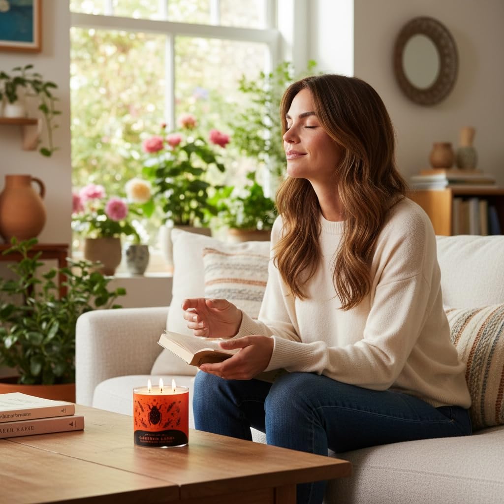 Ladybug Lane Scented Candle, 14.5oz Soy Wax Blend 3 Wick, Orchard Peach Raspberry Wildflower Fragrance & Artisanal Shortcake Soap Gift