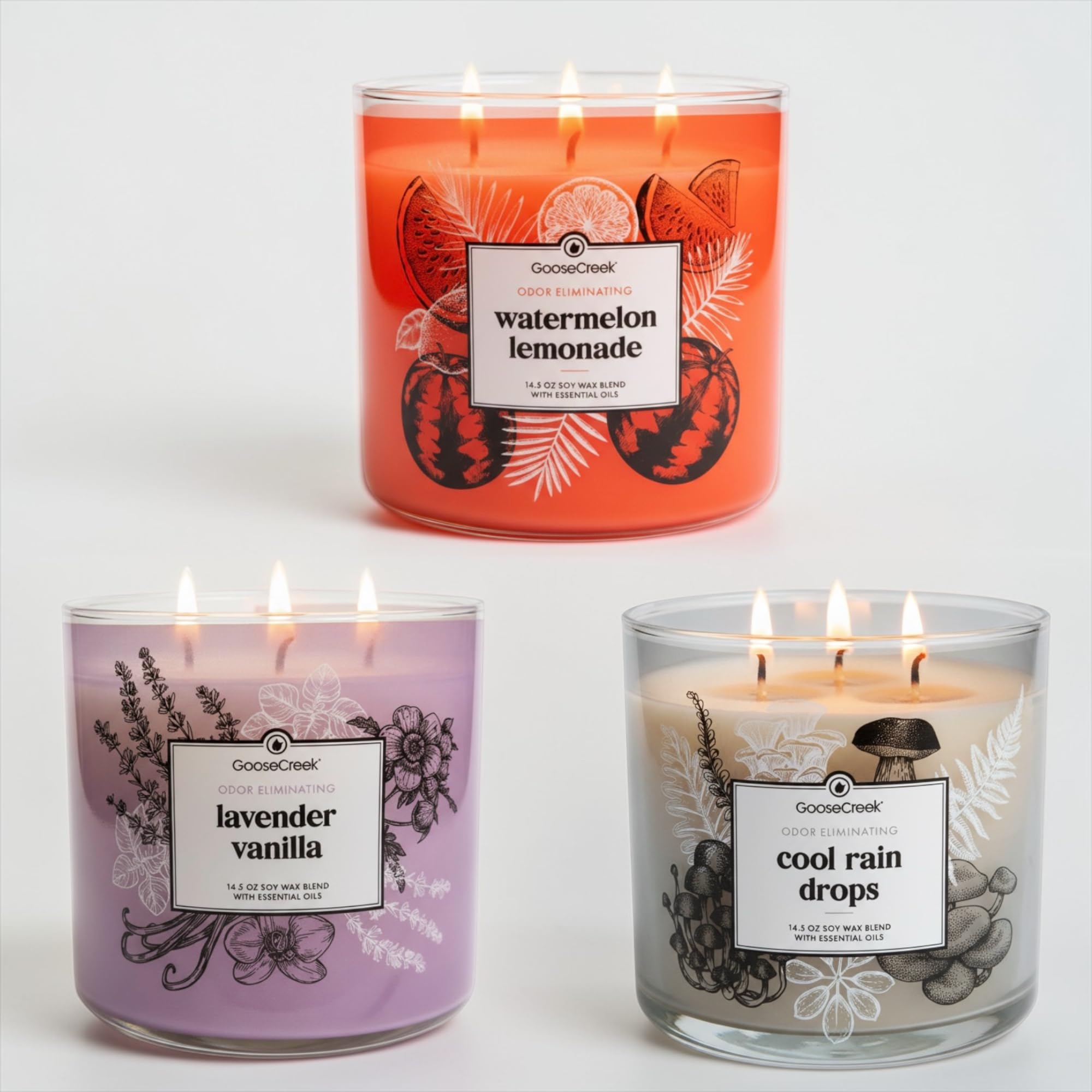 Odor Eliminating Scented Candle, 14.5 oz Soy Wax Blend with Essential Oils, 3-Pack (Cool Rain Drops, Lavender Vanilla, Watermelon Lemonade)