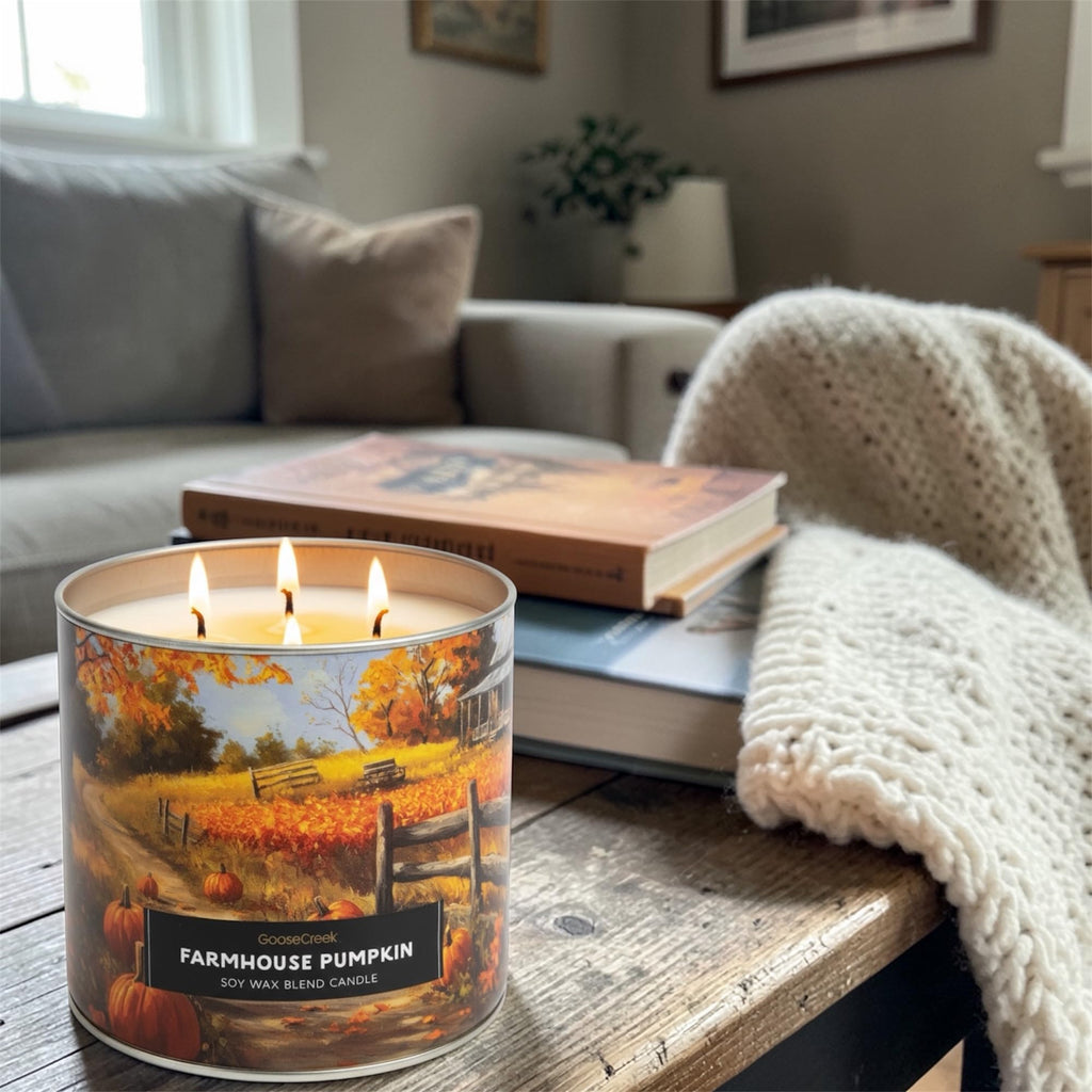 Farmhouse Pumpkin Soy Wax Blend Candle, 3-Wick, Spiced Cake and Buttercream Frosting Scent, Fall Theme