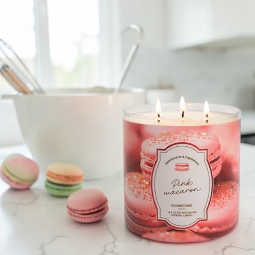Pink Macaron Scented Candle, 14.5 oz Soy Wax Blend Toasted Almonds Pink Raspberries Fluffy Meringue Powdered Sugar with Artisanal Shortcake Soap Gift,