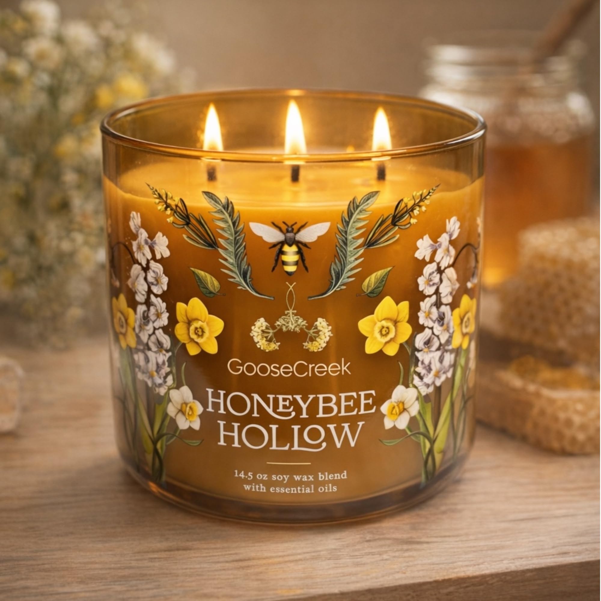 Honeybee Hollow 3-Wick Candle, 14.5 oz Soy Wax Blend, Wild Honey, Vanilla Bean, Amber Woods