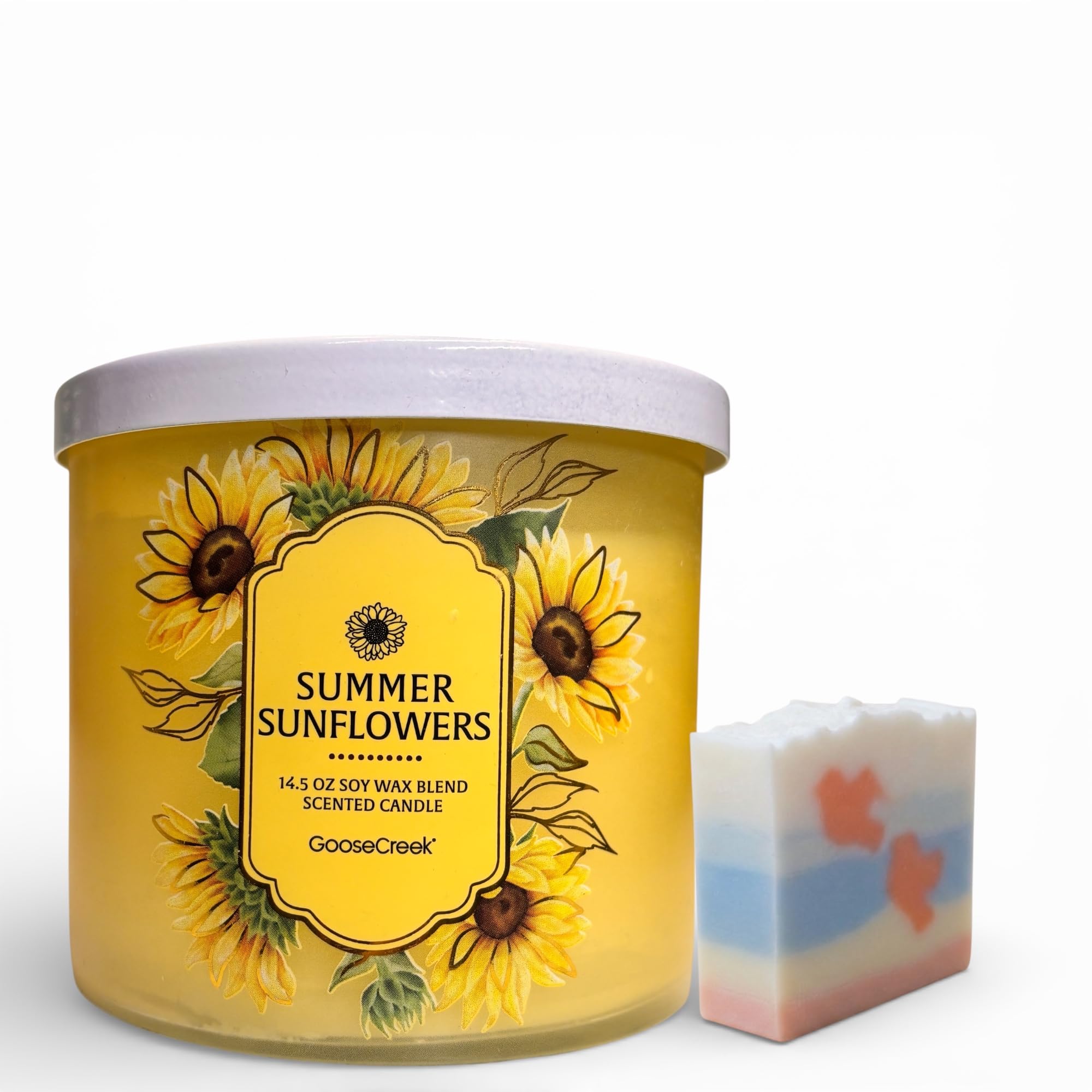 Summer Sunflowers Scented Candle, Soy Wax Blend, 14.5 oz with Artisanal Shortcake Soap Gift