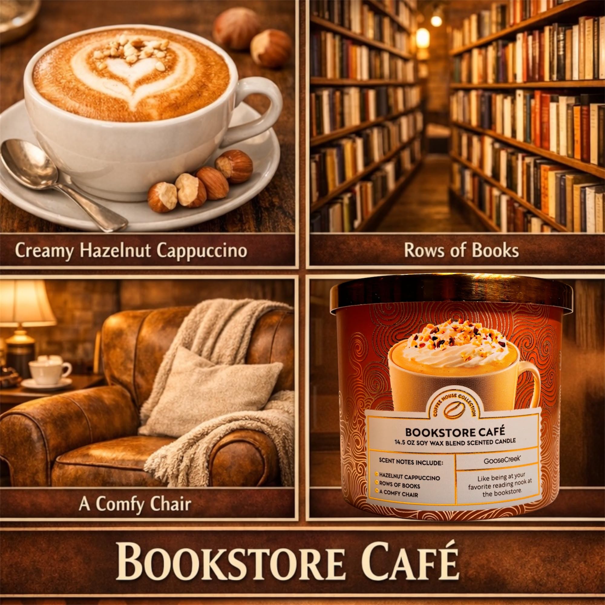 Bookstore Café Scented Candle, 3-Wick, Soy Wax Blend, 14.5 oz, Hazelnut Cappuccino Scent