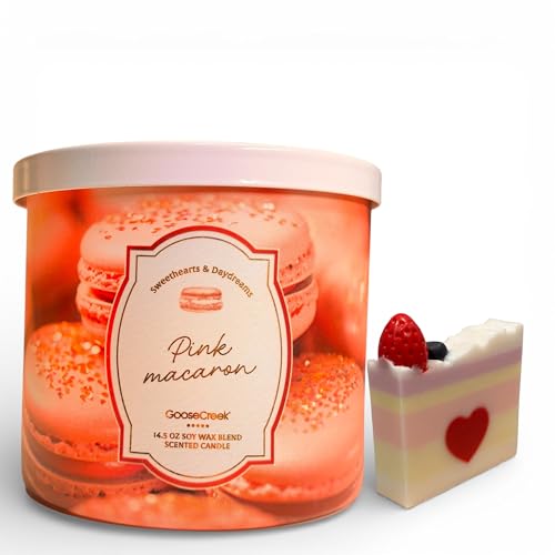 Pink Macaron Scented Candle, 14.5 oz Soy Wax Blend Toasted Almonds Pink Raspberries Fluffy Meringue Powdered Sugar with Artisanal Shortcake Soap Gift,