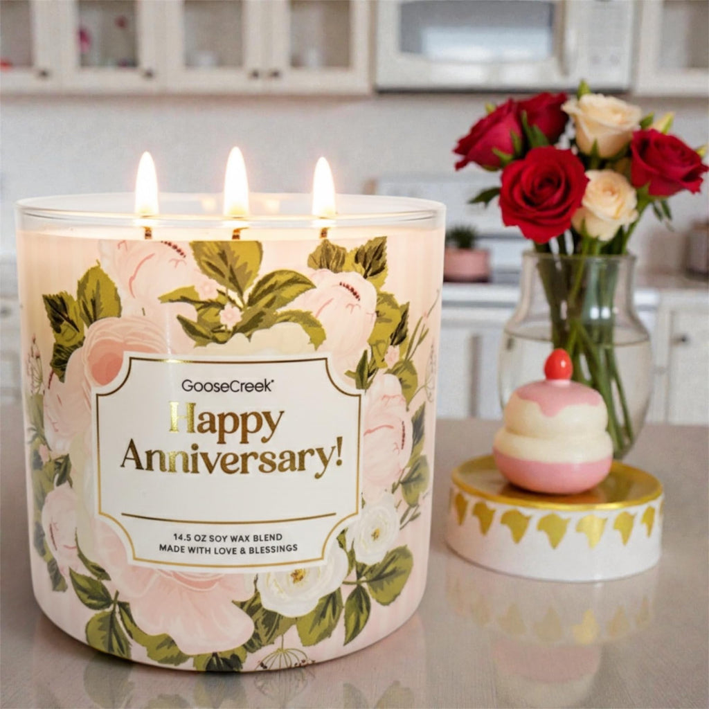 Goose Creek Happy Anniversary Candle, Soy Wax Blend, 14.5 oz, Three Wick, Floral Design
