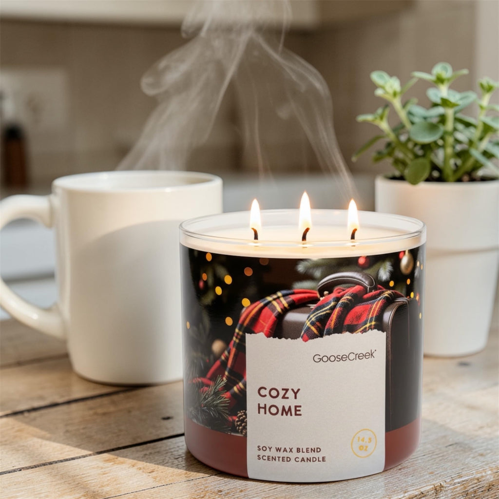 Cozy Home 3-Wick Scented Candle, Soy Wax Blend, Warm Woods, Toasted Coconut, Soft Cashmere, Creamy Amber, 14.5 oz