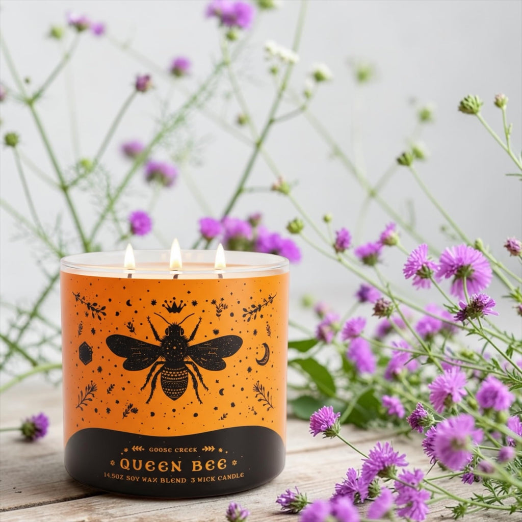 Queen Bee Scented Candle with Artisanal Shortcake Soap, Floral Manuka Honey Bergamot Butterfly Pea, 14.5 Oz Soy Wax Blend, 3 Wick, Round Glass Jar