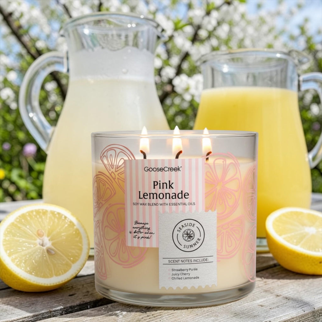 Pink Lemonade Scented Candle, Soy Wax Blend with Essential Oils, Strawberry Purée, Juicy Cherry & Chilled Lemonade