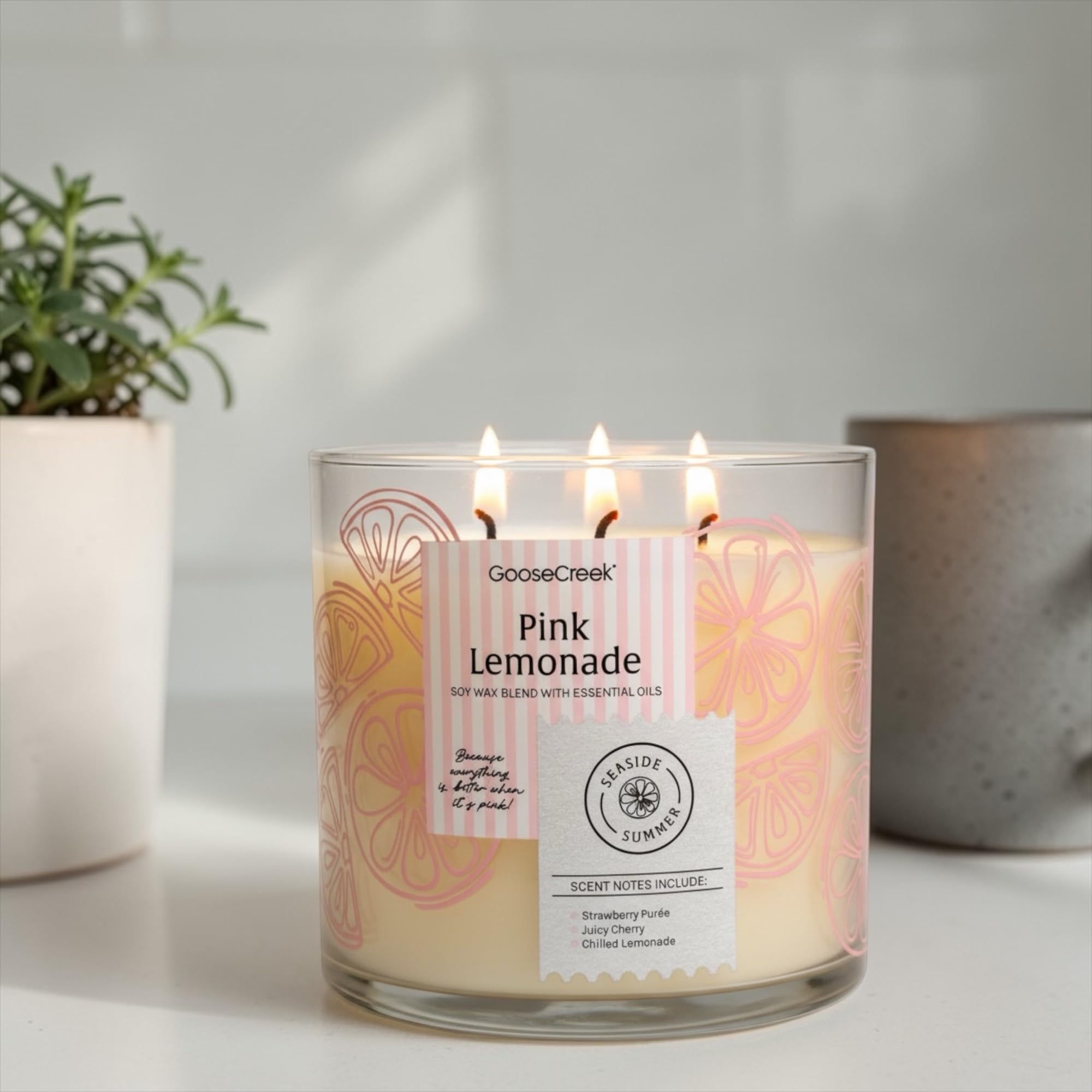 Pink Lemonade Scented Candle, Soy Wax Blend with Essential Oils, Strawberry Purée, Juicy Cherry & Chilled Lemonade