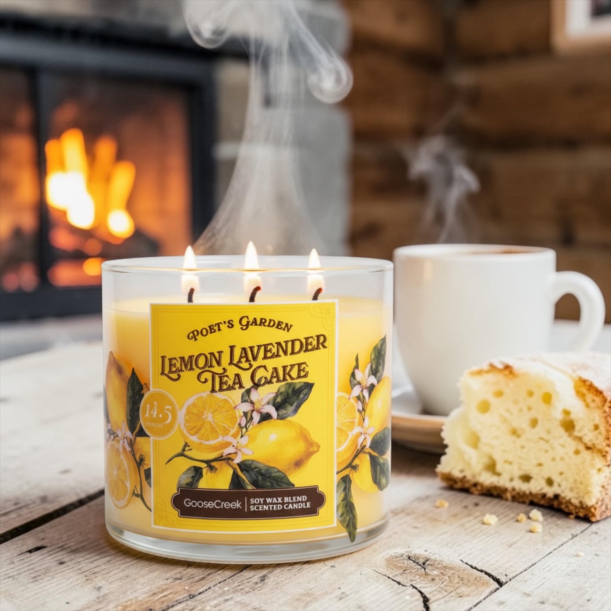 Lemon Lavender Tea Cake Scented Candle, 14.5 Ounce, 3 Wick, Round Glass Jar with Artisanal Soap Gift