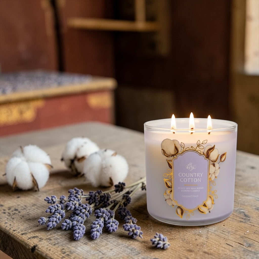Country Cotton Scented Candle, Soy Wax Blend, 14.5 oz, with Artisanal Shortcake Soap Gift