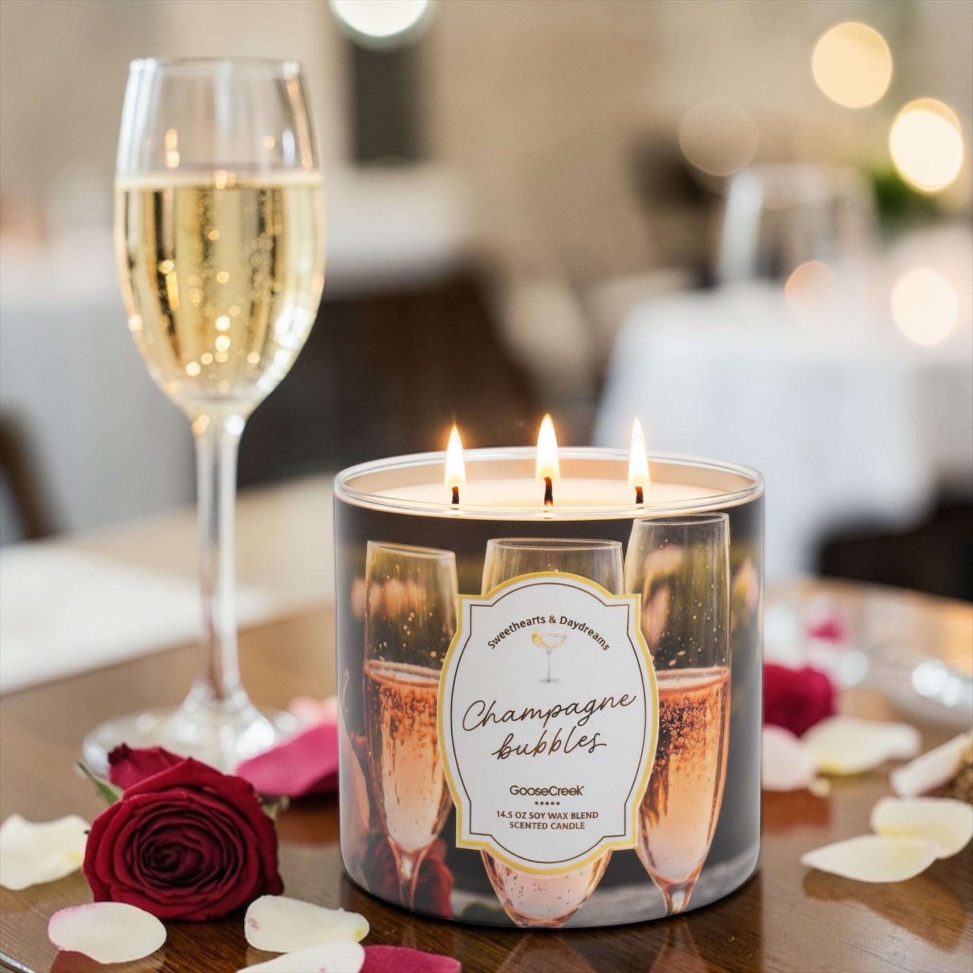 Champagne Bubbles Scented Candle, 14.5 oz Soy Wax Blend, 3-Wick, Sparkling Champagne, Pink Grapefruit, Juicy Orange